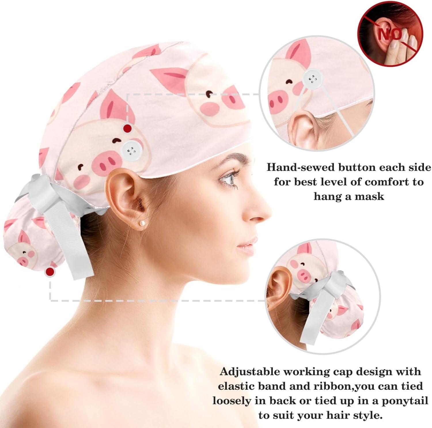 Women's Bouffant Scrub Caps Blue Line Sunflower Working Cap Nurse Hat Surgical Cap with Button and Sweatband - Image 3