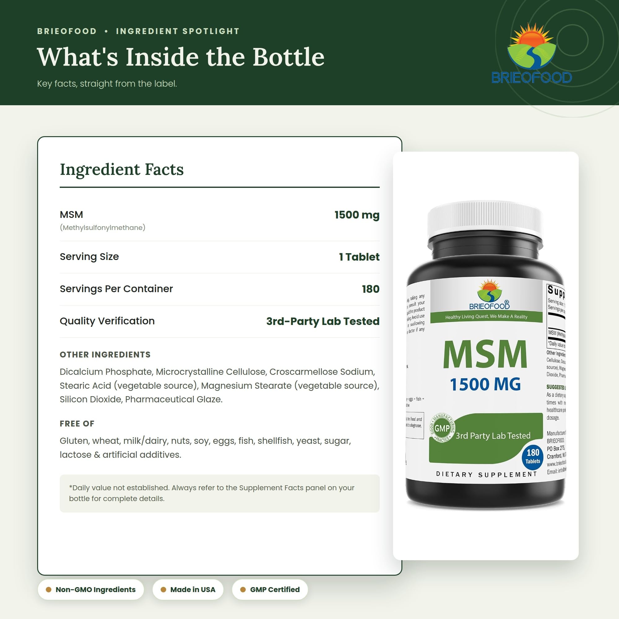 Brieofood MSM Supplement 1500mg per Tablet - Methylsulfonylmethane Powder Tablet — Amazon image 4
