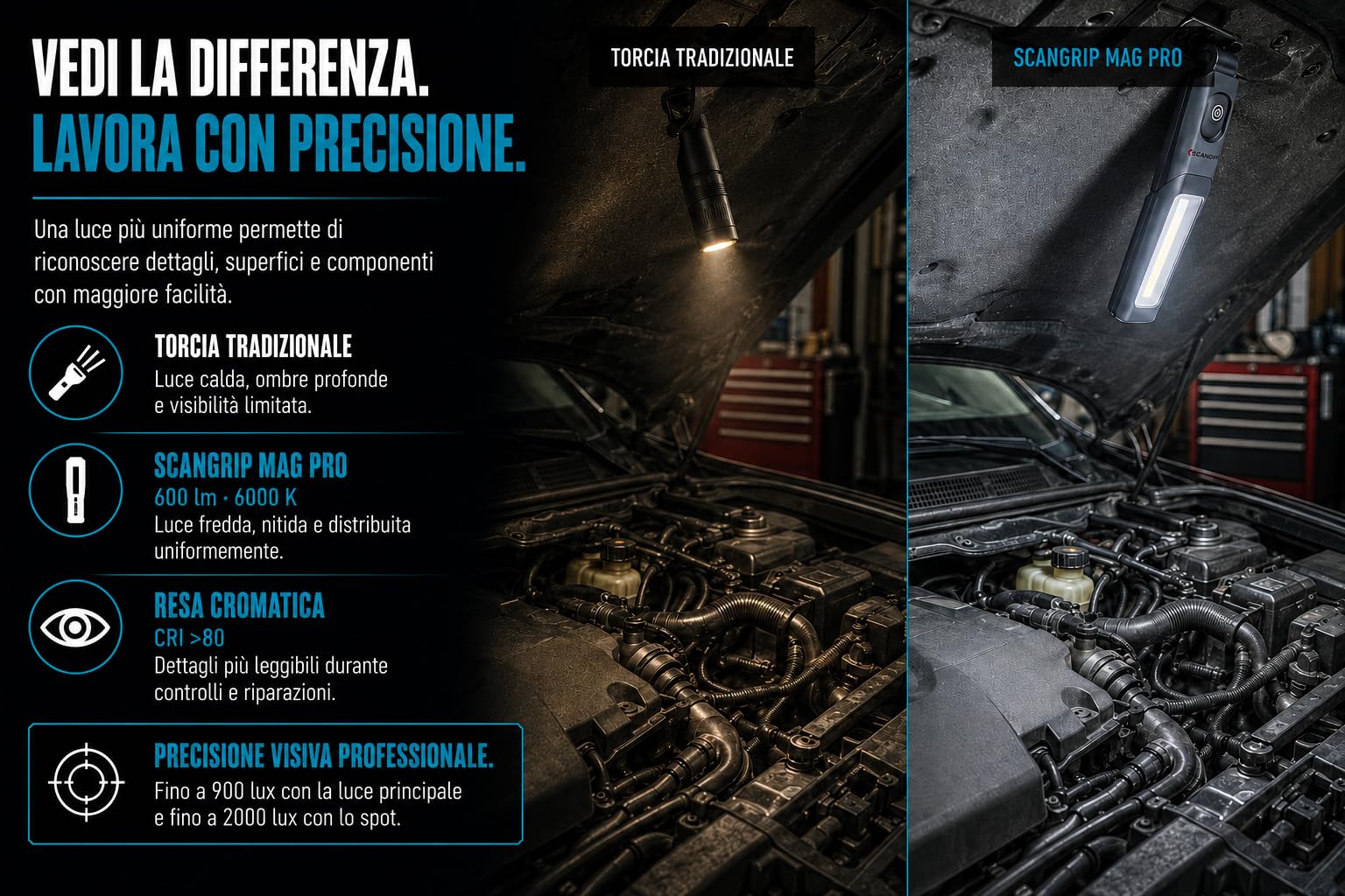Scangrip MAG PRO Lampada LED 600lm Dimmerabile, Ricaricabile, IP54 | Dimmerabile in modo continuo, 600 lumen, tipo: