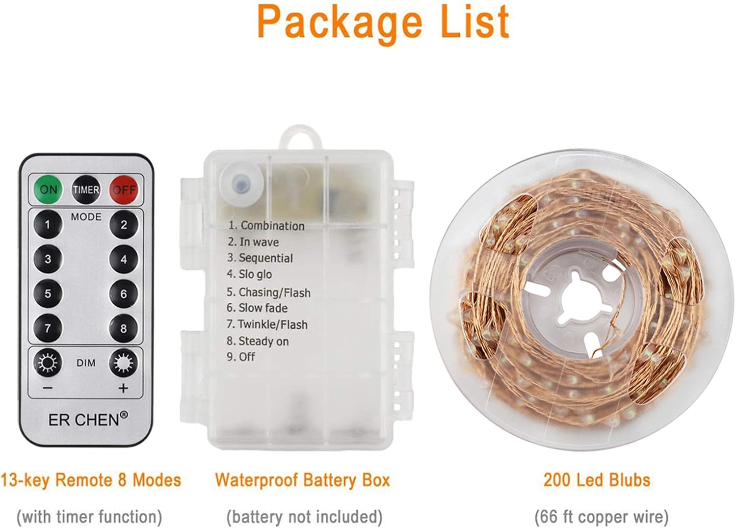 ER CHEN 8 Lighting Model Indoor and Outdoor Waterproof Battery Operated 200 LED String Lights on 66 Ft Long Ultra Thin Copper String Wire with 13 Key Remote Control(Green)