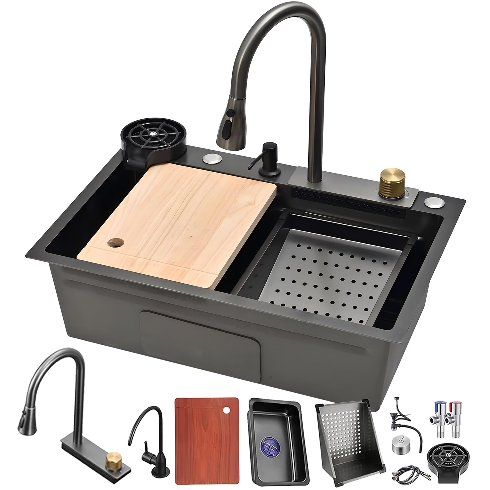ZQFHSX Black Stainless Steel - Multifunctional Workstation with Extendable Waterfall Tap, High Pressure Cup Rinse, Chopping Board, Siphon Drain Basket, Overflow and Fitting