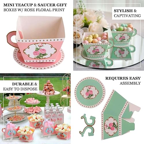 Miniatura 4 de Efavormart - Paquete de 25 cajas de regalo de mini taza de té y platillo con estampado floral de rosas, cajas de dulces para fiesta de té, 4 x 3