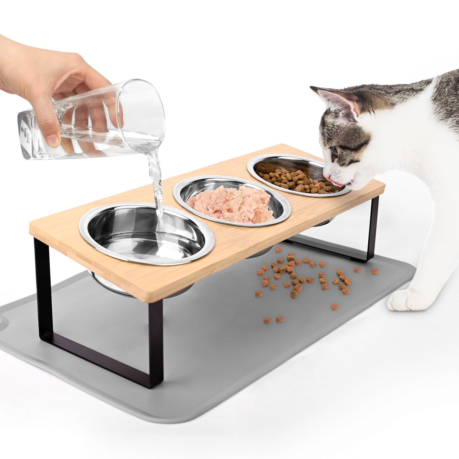 Elevated Cat Bowls with Non Slip Mat, 15° Tilted Raised Anti Vomit Cat Feeder for Food and Water, Pet Feeding Station with 3 Stainless Steel Bowls