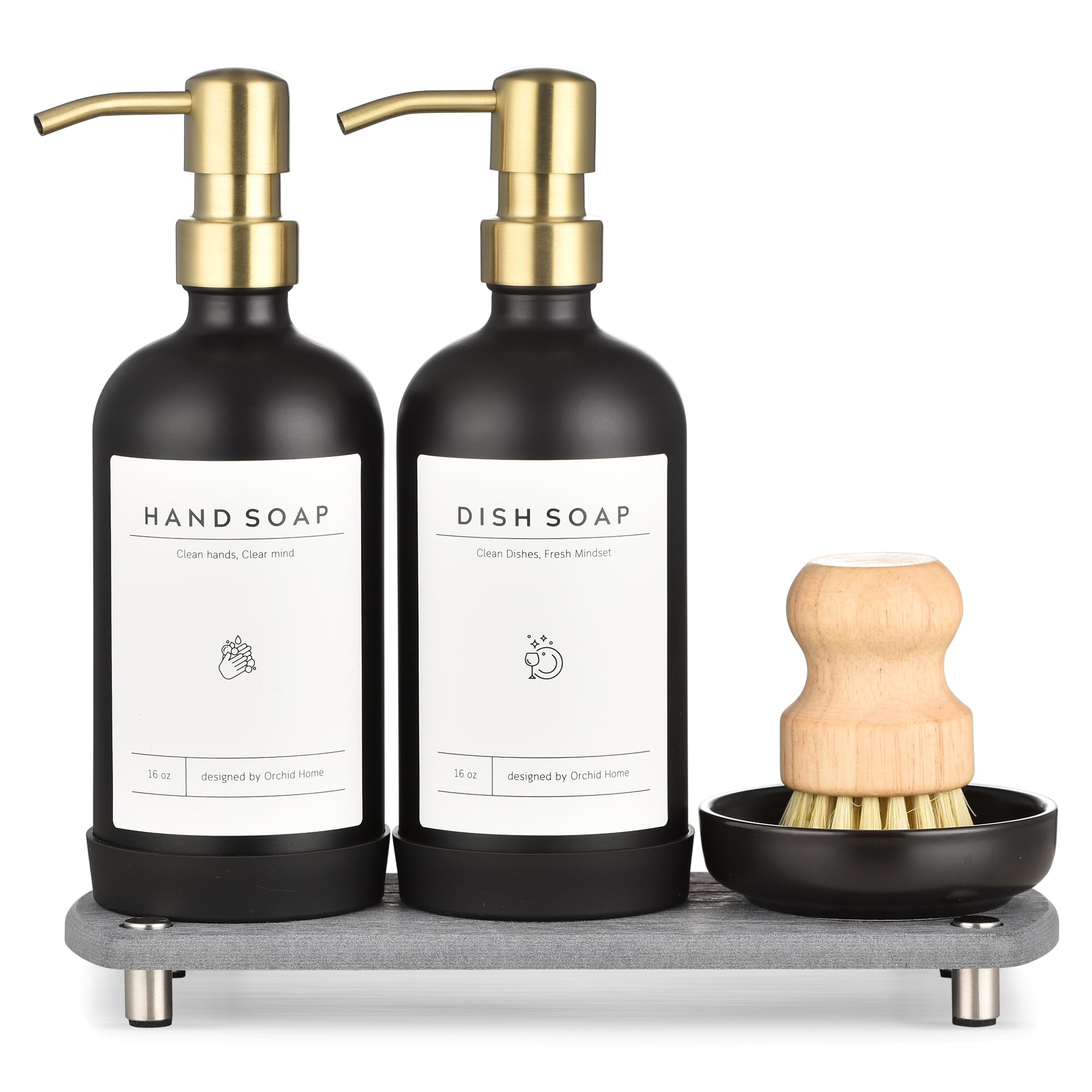 Photo 1 of [Luxury] Kitchen Soap Dispenser Set - 16OZ Black Glass Bottle, Stainless Steel Pump, Instant Dry Tray, Waterproof Labels, Non-Slip Silicone Pad, and Dish Brush | Upgrade for Your Kitchen and Bathroom