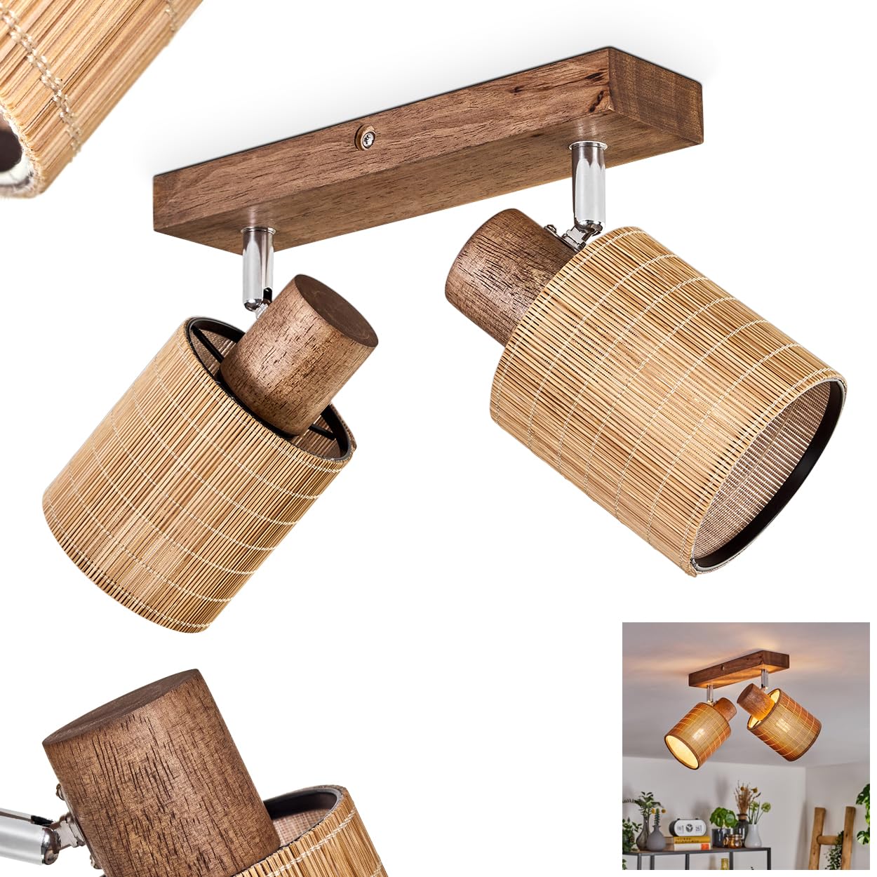 Kinnared Ceiling Light, Modern Made of Wood, Metal and Bamboo in Dark Brown, Chrome and Natural Colours, Two-Light Scandinavian Design with Adjustable spotlights, 2 x E14 Without Light Bulbs