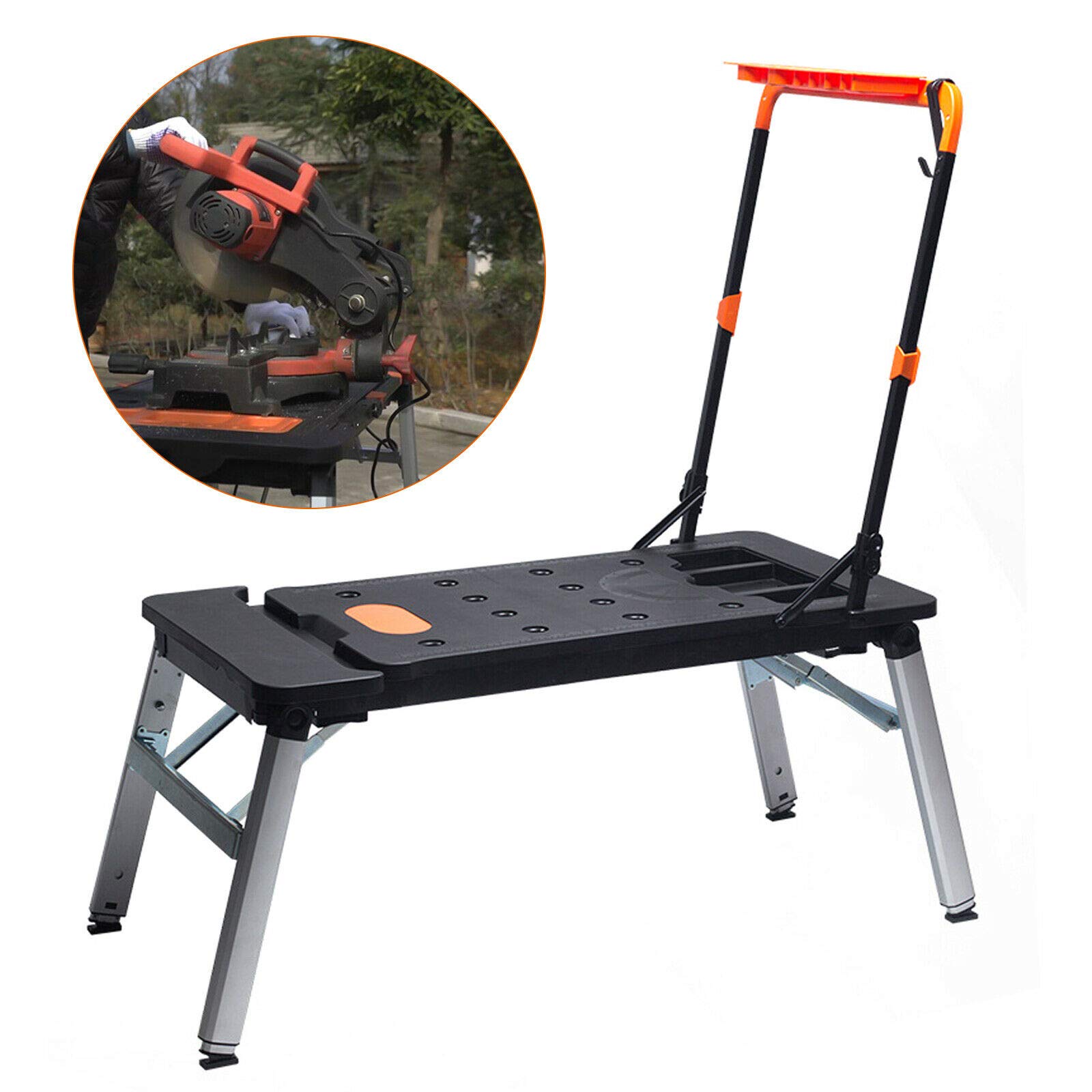 Banco de trabajo multifunción 7 en 1, plataforma de trabajo, carro de mano, medidas 1140 x 590 mm, terminación y altura ajustable, portátil, plegable, capacidad de carga de 150 kg para taller