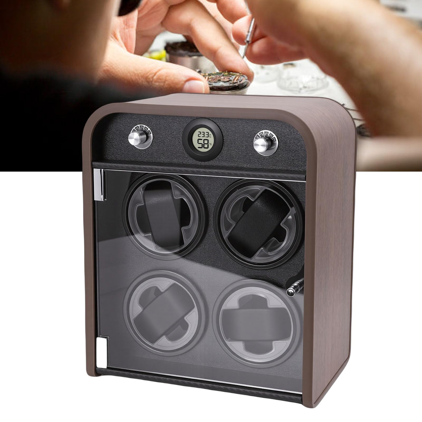 Bewinner Uhrenbeweger für 4 Mechanische Uhren, 5 Modi, Leiser Automatischer Uhrenbeweger mit LED-Licht, Temperatur- und Feuchtigkeitssensor, Display-Aufbewahrungsbox