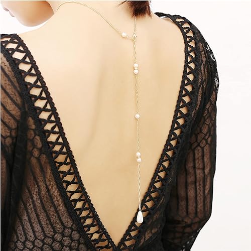 Miniatura 2 de Collar de fondo de perlas para mujer, cadena trasera de perlas, collar de lariat, collar de boda para novia, regalo de joyería para mujer., Cobre,