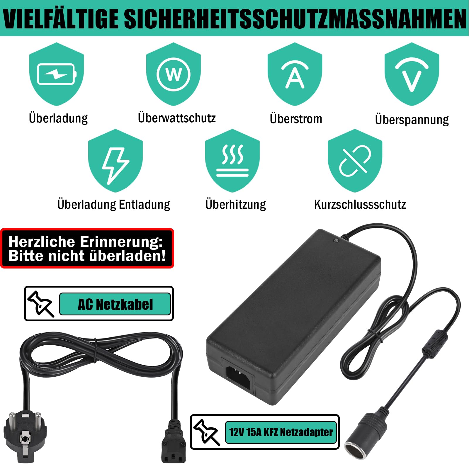 12V 15A KFZ Netzadapter,AC zu DC Spannungswandler 240V Auf 12V, 15A 180W Wechselrichter Adapter mit Zigarettenanzünder Buchse,KFZ-Netzteil Adapter für