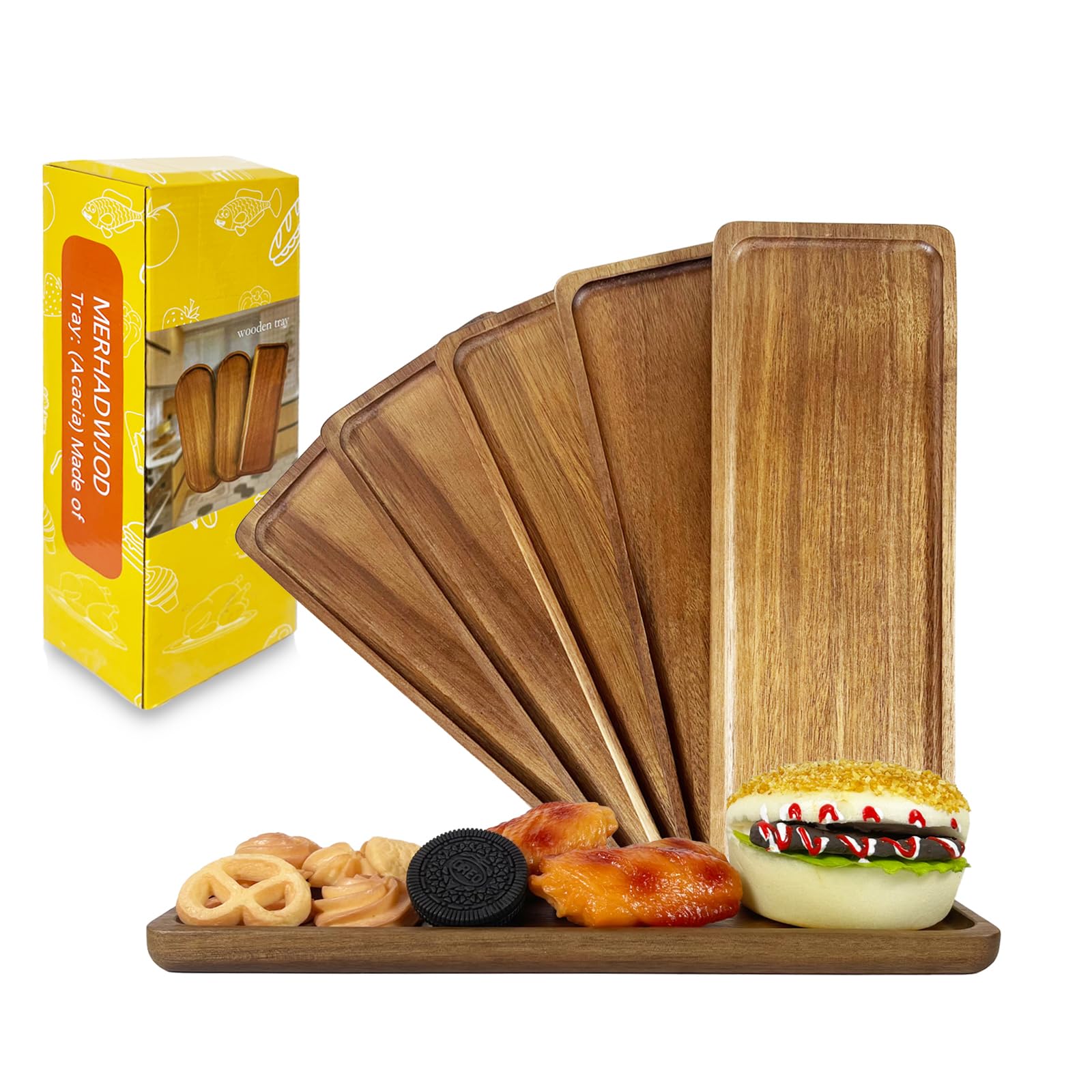 Set of 5 Acacia Wooden Trays 11.41×4.1inch Small Serving Tray Wood Rectangular PlateKitchen Fruit Salad Cheese Coffee Appetizer Decorative Platter