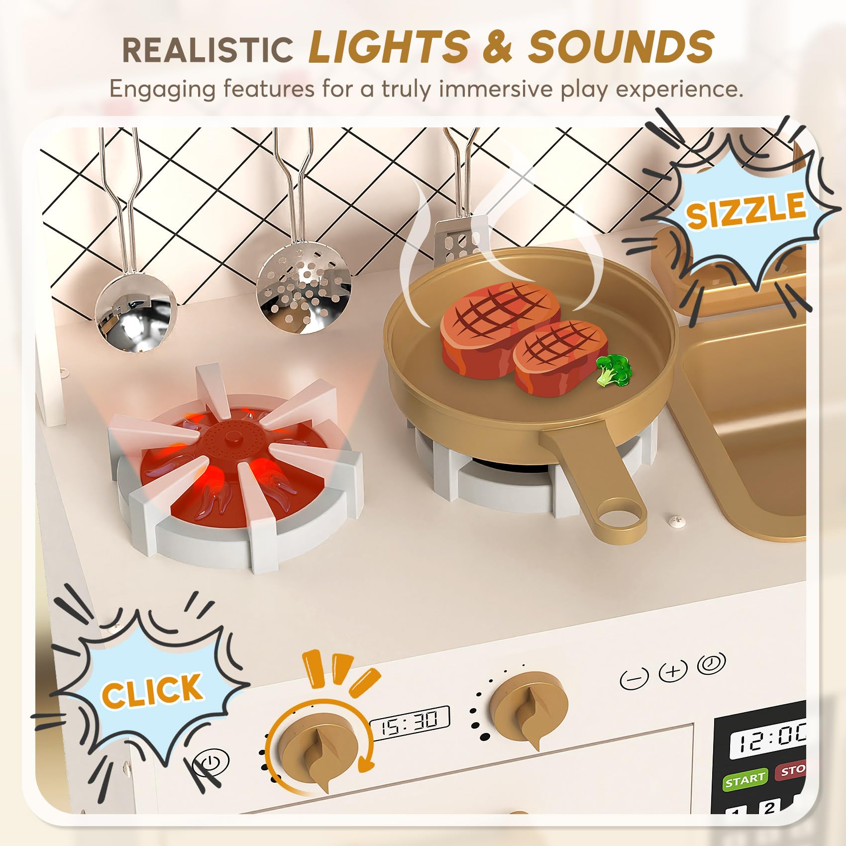 BIERUM Play Kitchen with Realistic Lights & Sounds, Wooden Kitchen Playset Chef Pretend Play Set for Toddlers, Toy Kitchen with 26 Pcs Toy Food & Cookware Accessories, Gift for Ages 3+