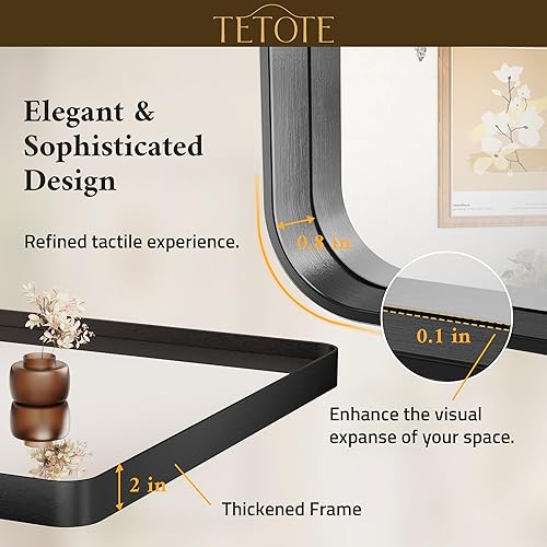 Miniatura 4 de TETOTE Espejo negro de 32 x 36 pulgadas para baño, espejo de tocador, moderno espejo rectangular de esquina redonda mate con marco