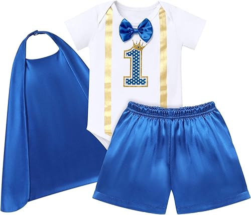 Disfraz de príncipe de primer cumpleaños para bebés y niños, accesorios de foto de primer pastel, corbatín, pantalones cortos con diadema con capa