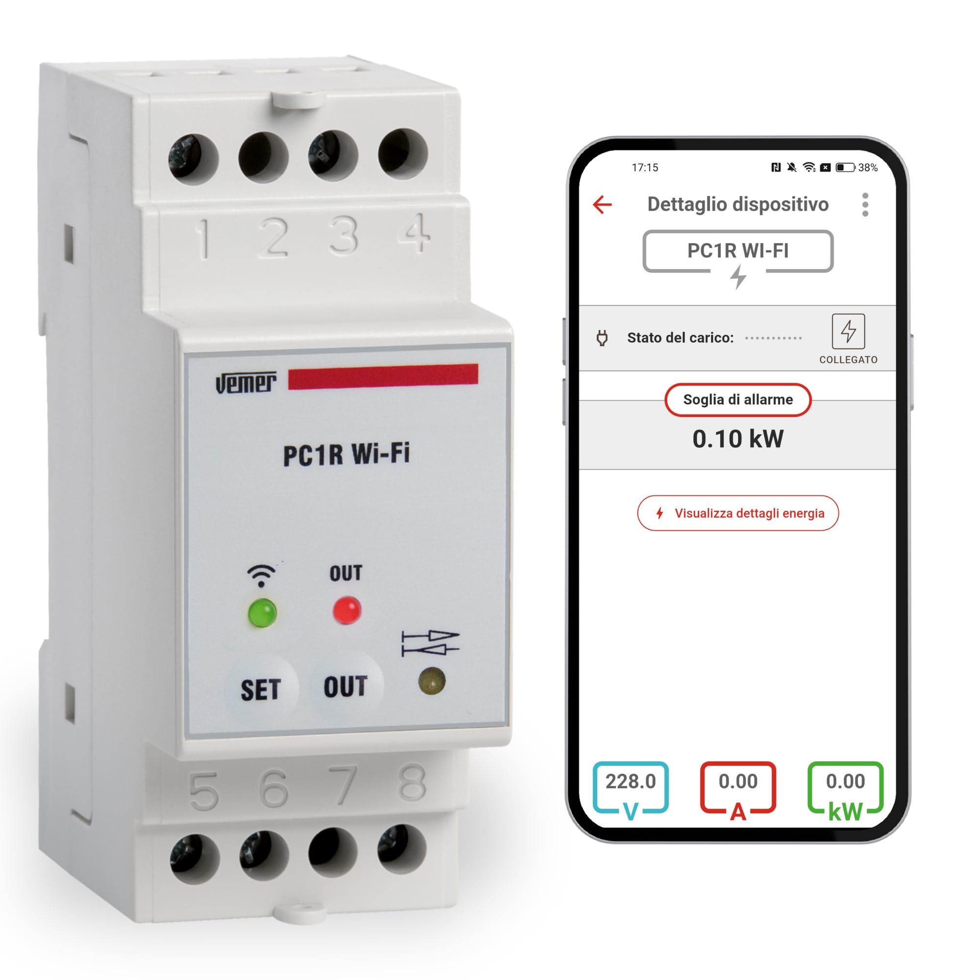 VEMER VE799700 PC1R WIFI: Centralina Controllo Carichi Smart Anti Blackout, Relè Gestione Carichi WiFi con APP, Misuratore Consumo Elettrico, Installazione su Barra DIN, Bianco