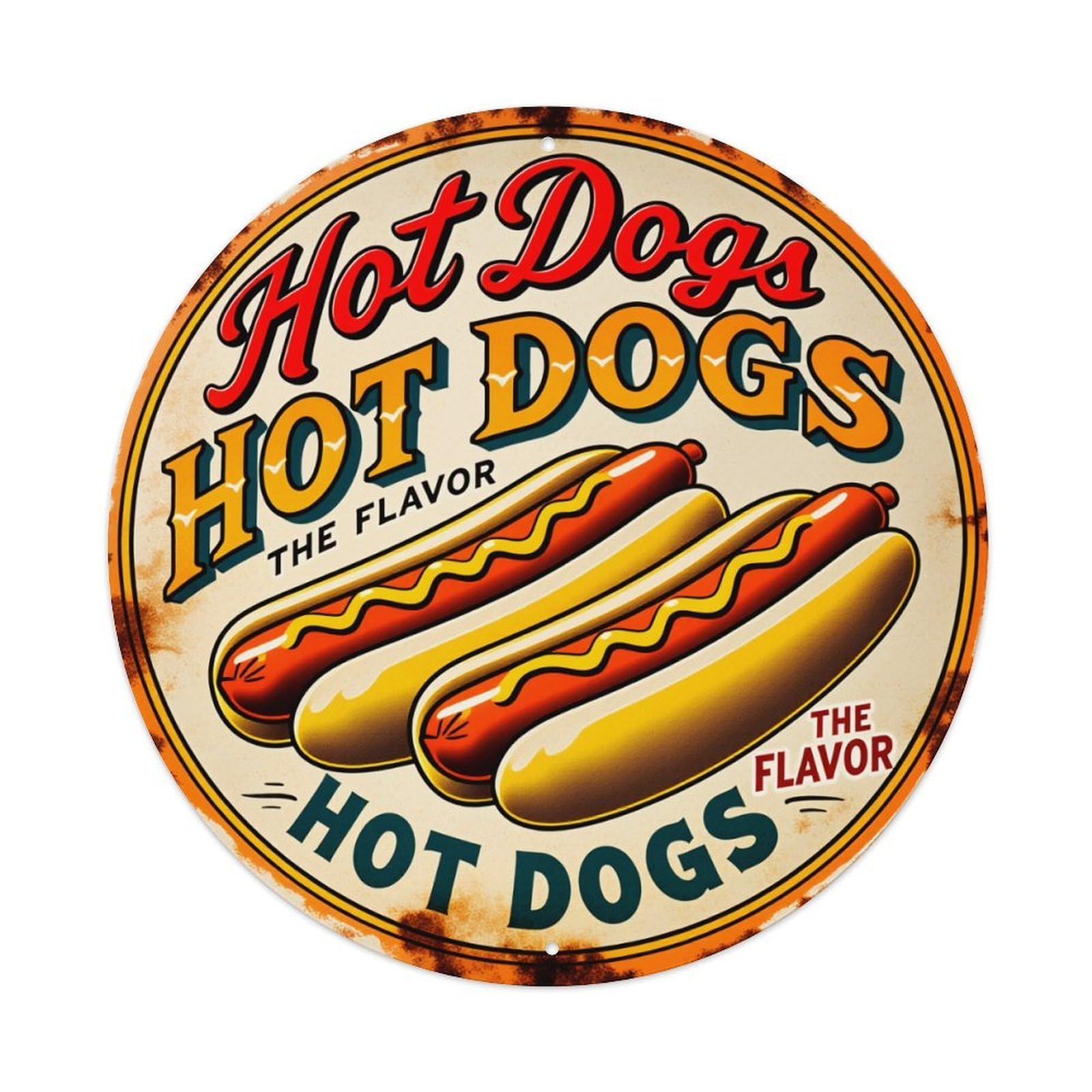 Wmlzdnwr Vintage Hot Dogs The Flavor Hot Dogs Round Tin Sign,Retro Wall Art,Metal Poster For Home, Bar, Garage, Cafe, Rustic Indoor & Outdoor Decor, 8X8 Inches