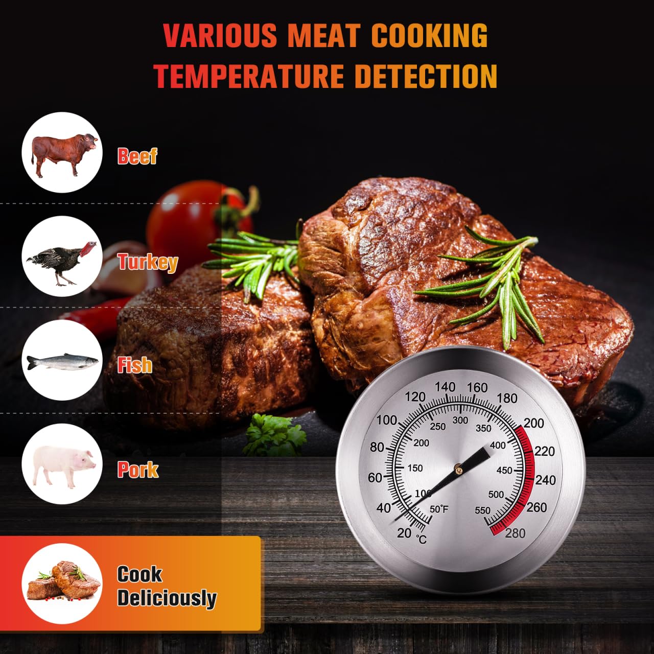 Cabilock Termometro per friggitrice con termometro per carne facilmente leggibile per alimenti per tacchini, barbecue, forno, 23 cm