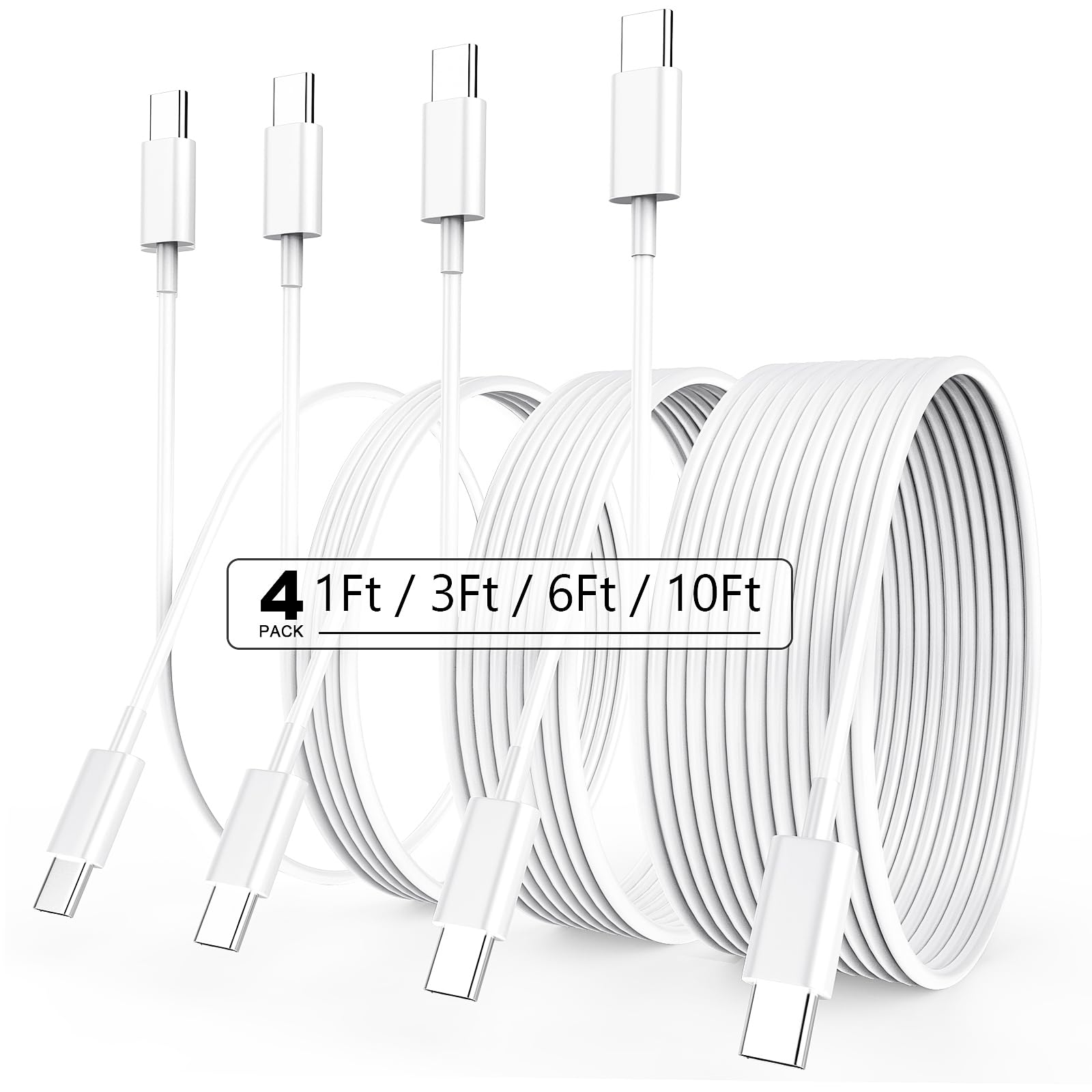 Cable USB C a USB C de 60 W, paquete de 4 [1 pie+3 pies + 6 pies + 10 pies] Cable de carga rápida USB C tipo C para iPhone 15 Pro Max/15 Pro/15 Plus/15, iPad Pro 2022, Mac Book Air, Samsung Galaxy S23