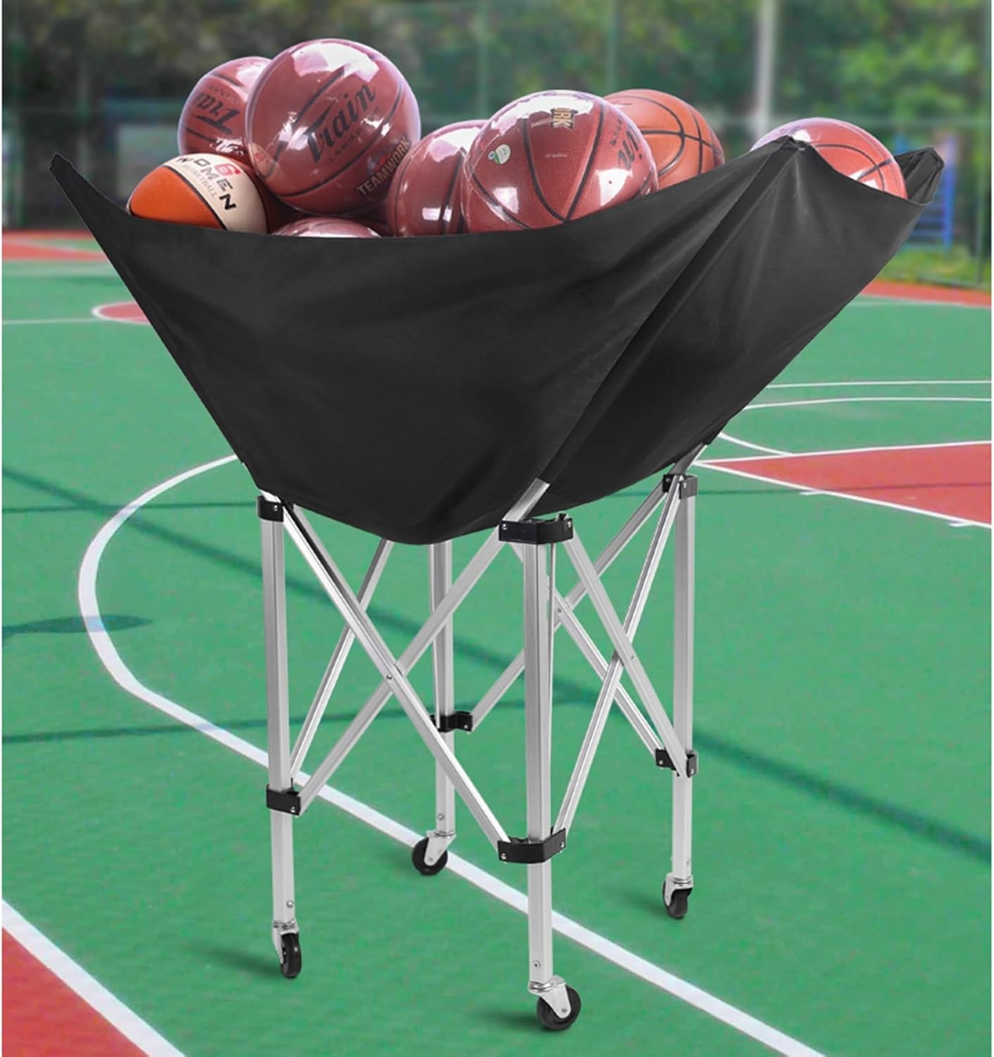 Portable Basketball Rack & Volleyball Cart - Foldable Sports Equipment Organizer with Wheels, Large Capacity Ball Storage for Indoor & Outdoor Use