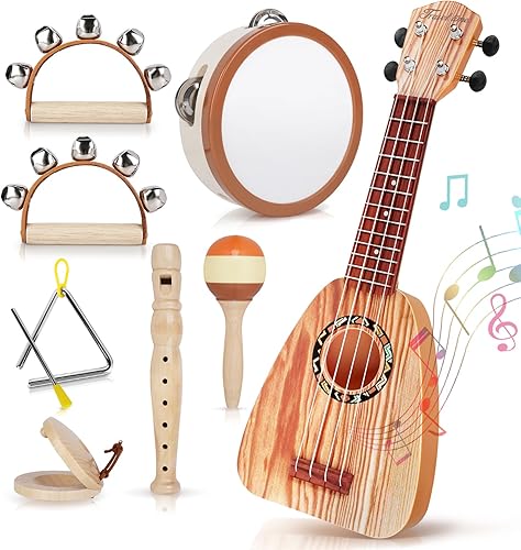 Miniatura 7 de Juego de guitarra para niños, instrumentos musicales 7 en 1 para niños pequeños de 2 a 4 años, juguetes musicales de madera para niños y niñas de 2,