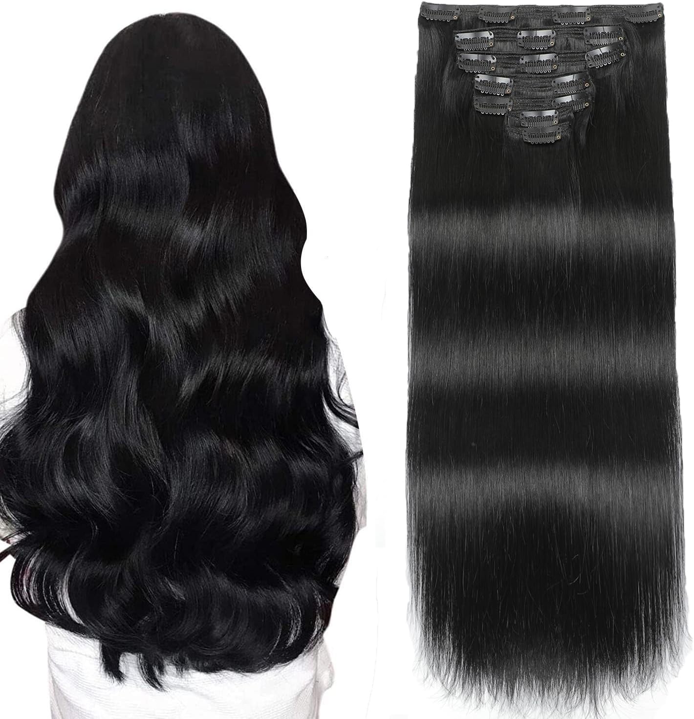 Sisily Clip in Hair Extensions Real Human Hair, 140g 7pcs Human Hair Clip in Hair Extensions Jet Black, Hair Extensions Real Human Hair Clip ins 16 Inch Straight Double Weft