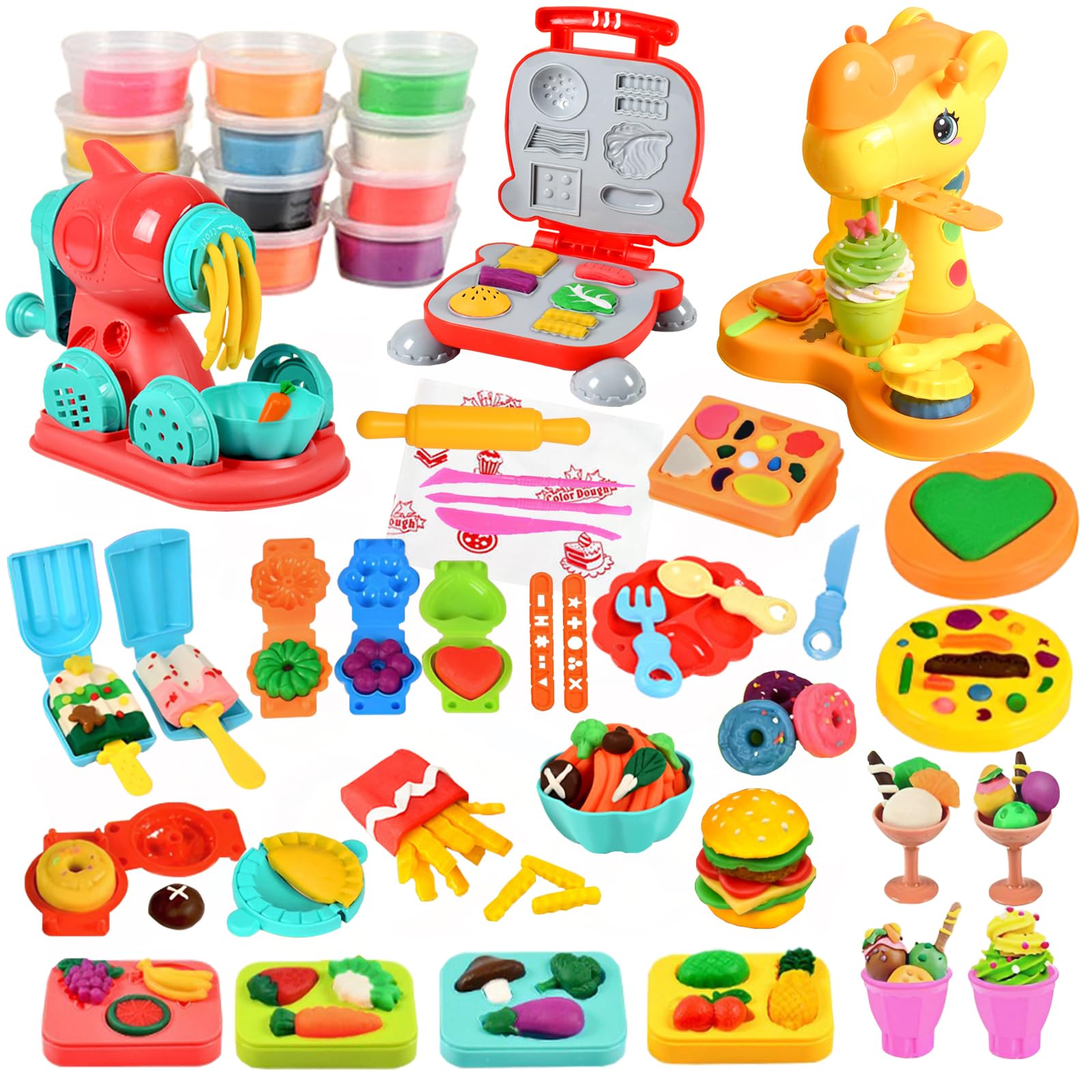 OTONOPI Dough Play Set 60pcs Kitchen Creation Colour Dough 3 in 1 Hamburger Noodle Ice Cream Making Machine Play Food Toys with Modeling Doughs and Tools for Kids (with 12 Colours of Dough)