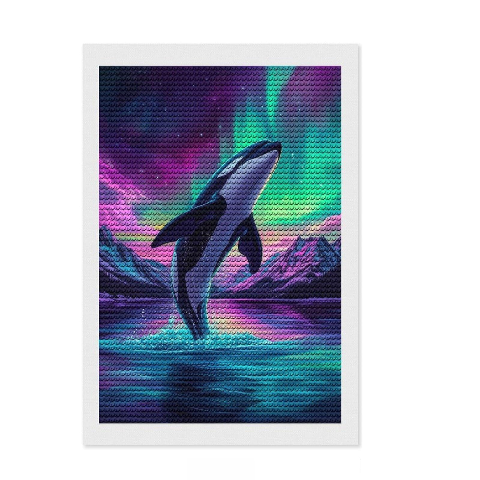 Junmoney Orca Under Aurora Borealis Diamond Painting Set 8"x12", Fun Craft Experience, Complete Accessories, Office Decor, Gift Idea, with Tool Kit