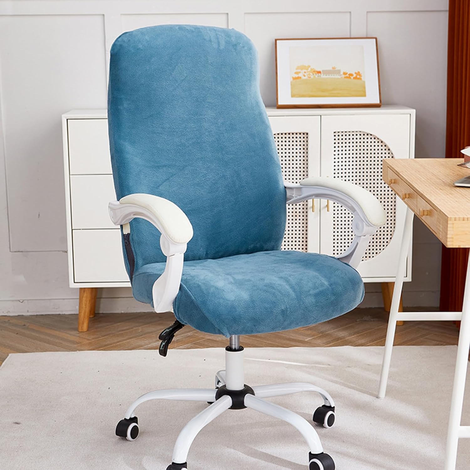 Velvet Office Chair Cover Stretchable Universal Chair Seat Covers with Zipper High Back Chair Cover Soft Removable Office Chair Cover -Blue-Small