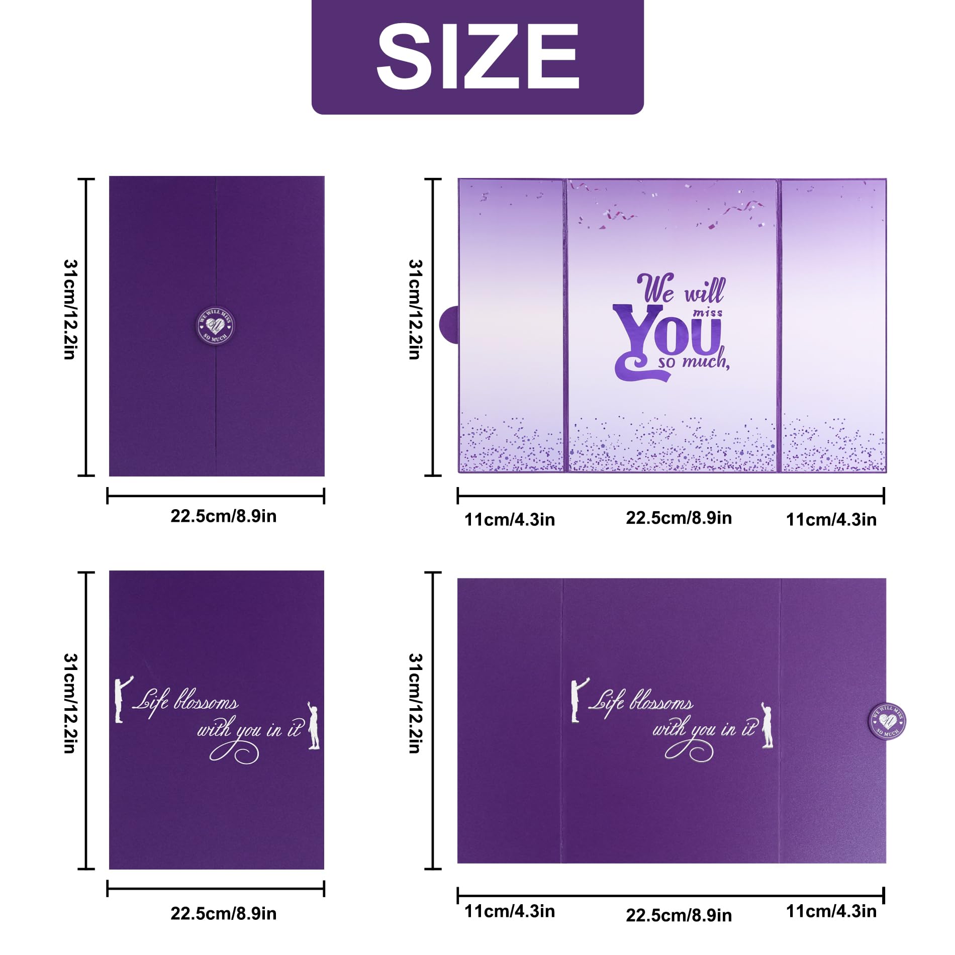 Traumhafte violette Abschiedskarte "We Will Miss You", Dekorationen, Abschiedsparty-Dekorationen, große signierbare Abschiedskarte, alternative Abschiedsgeschenke für Kollegen, Ausgehen