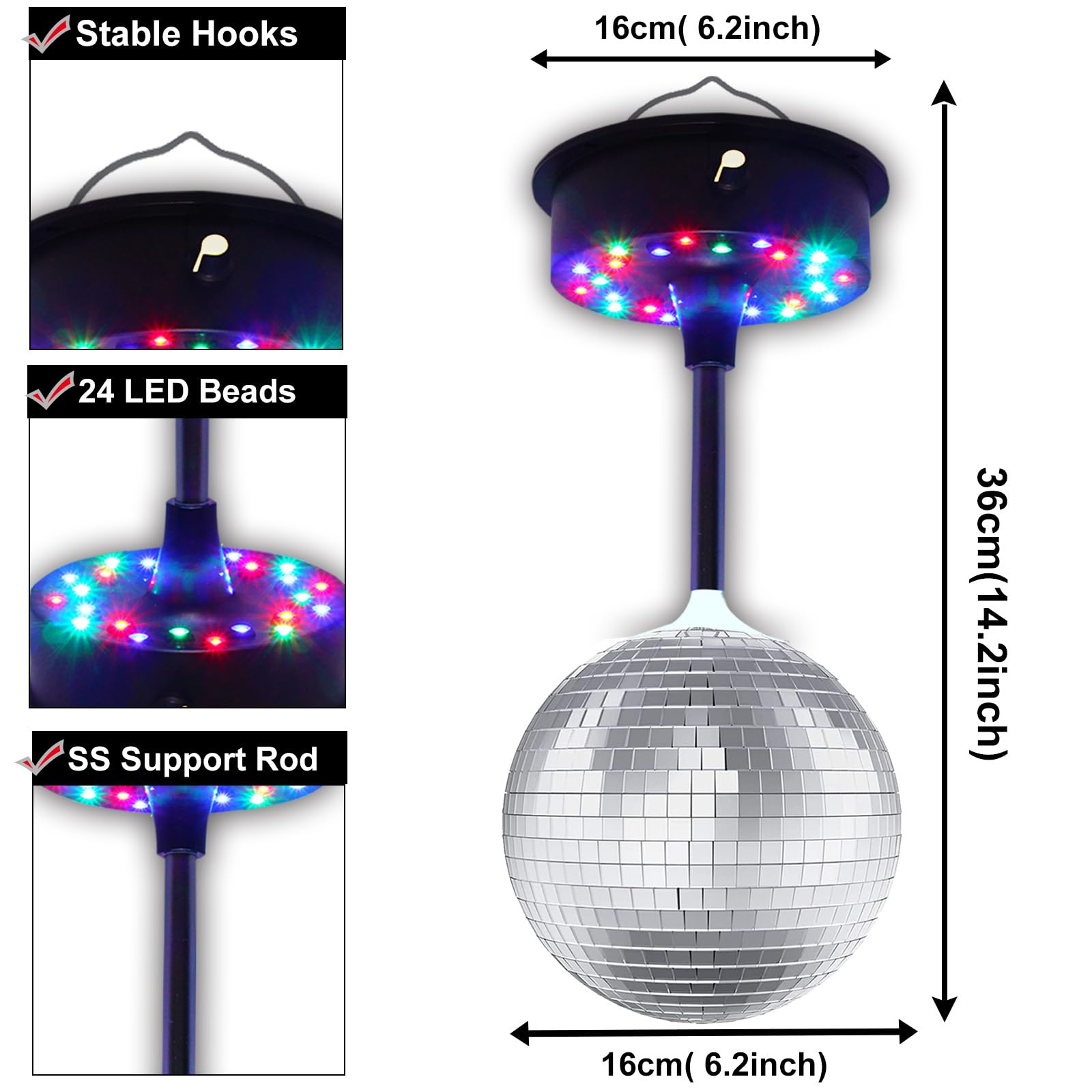Boule disco rotative de 15,2 cm à suspendre avec base de moteur rotatif réglable de 5 tr/min à 9 tr/min, 24 LED RVB, idéale pour les fêtes, les clubs, les scènes, les bars de danse (alimentation par
