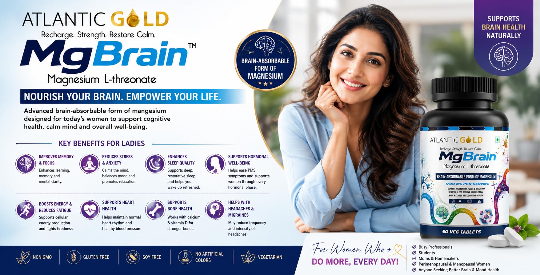Atlantic Gold MgBrain Magnesium L-Threonate 1700 mg Per Serving | Brain-Absorbable Magnesium | Supports Memory, Focus & Attention | Helps Sleep, Stress Relief & Cognitive Health | 60 Veg Tablets — Amazon image 5
