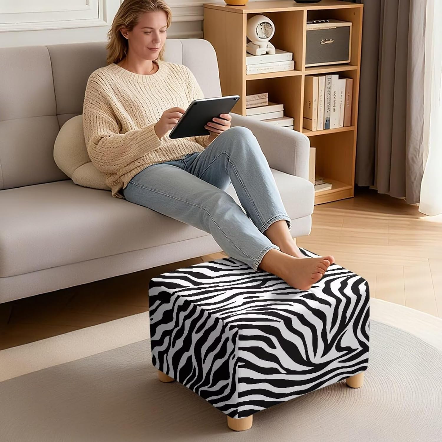 Talayituse Zebra Stripe Print Square Ottoman Cover, Stretch Square Ottoman Covers Slipcover, Cover for Storage Stool, Footstool Protection for Living Room, L
