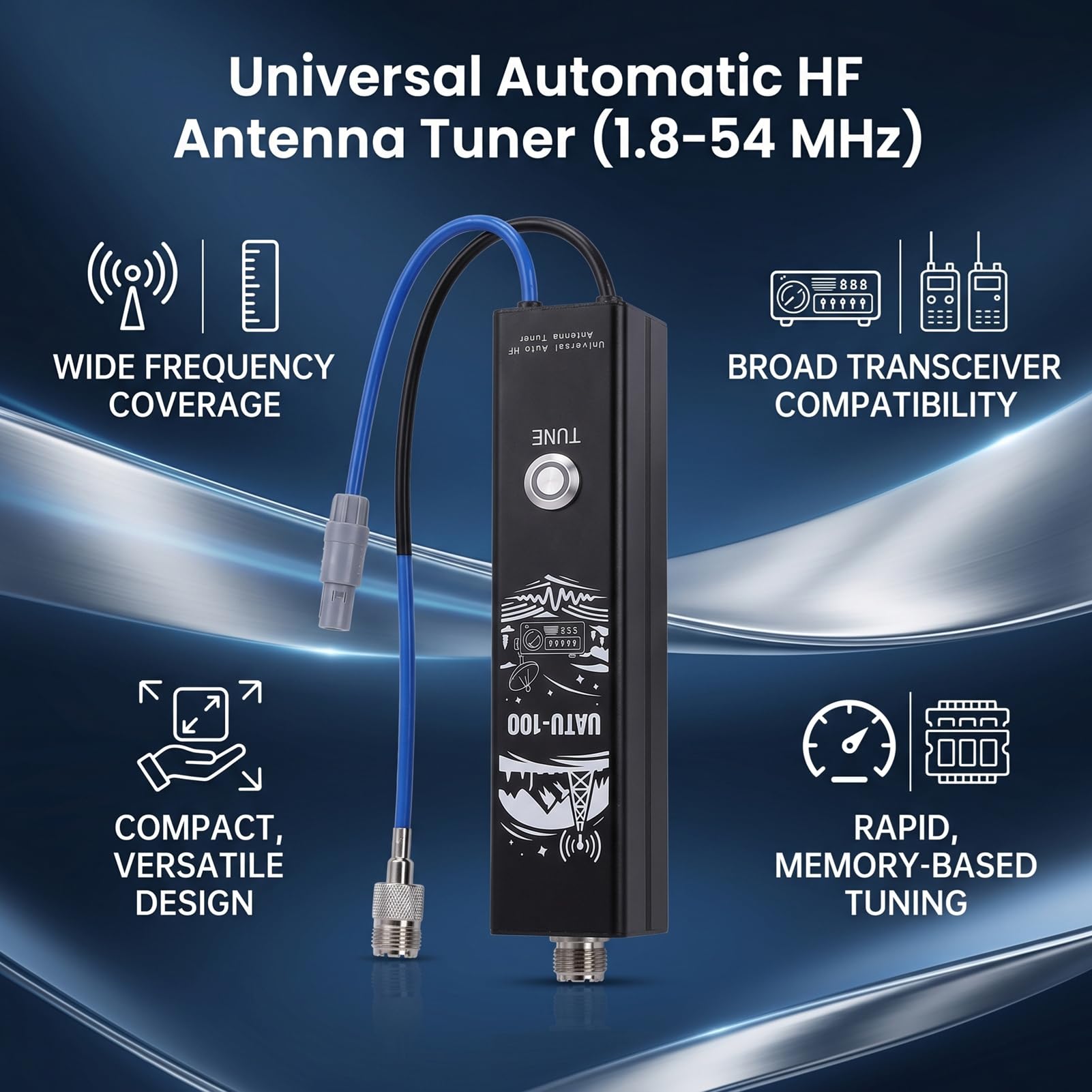 Eujgoov Sintonizzatore Automatico Kit Sintonizzatore Antenne Automatico HF 1.8-54MHz Onde Corte 100W 5-1500 Ohm 200 Memoria Design Sottile con Sintonizzazione Rapida per Radio HF
