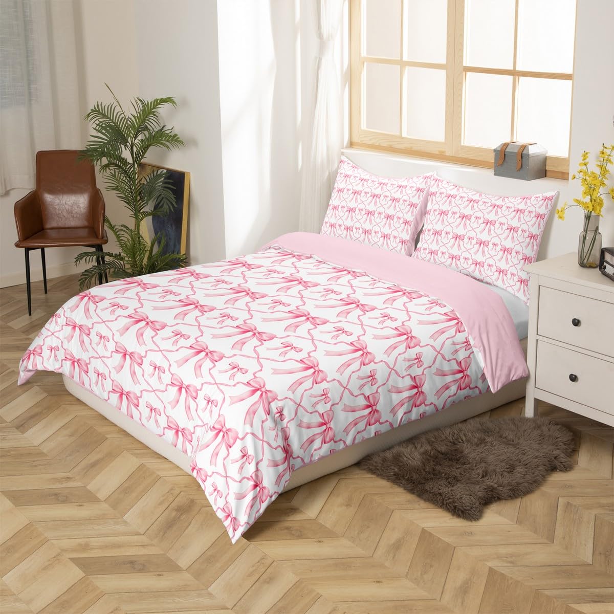 Homewish Cute Bow Bedding Set for Kids Pink Kawaii Bowknot Girls Single Duvet Cover Watercolor Bow Tie Patchwork Pink White Quilt Cover Geometric Check Bow Bed Set - Image 2