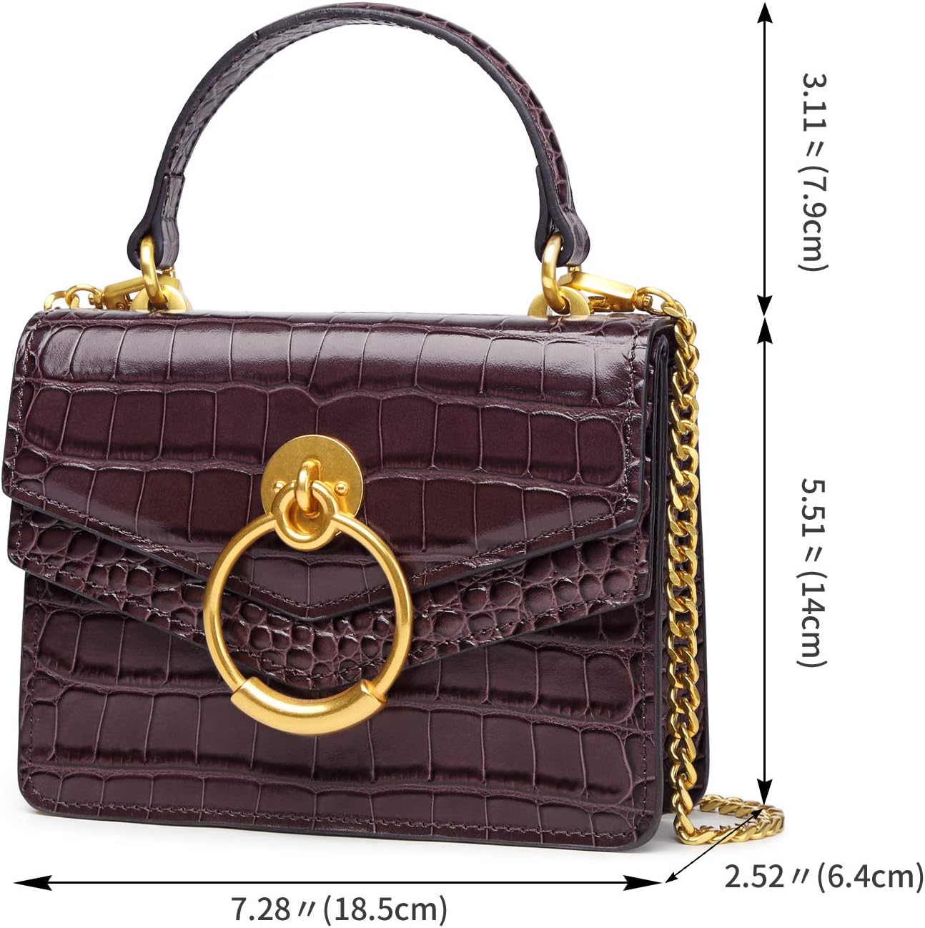 Croc Embossed Top Handle Handbag for Women Leather Mini Crossbody Purse with Gold Chain Strap Ring Closure Evening Bag | 7.3" L x 5.5" H, Croc Embossed, Genuine Leather