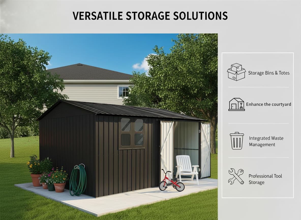 Capanno da giardino in metallo 362 x 285,5 cm resistente alle intemperie con finestra porta richiudibile tetto a sella 10,34 m² marrone/nero