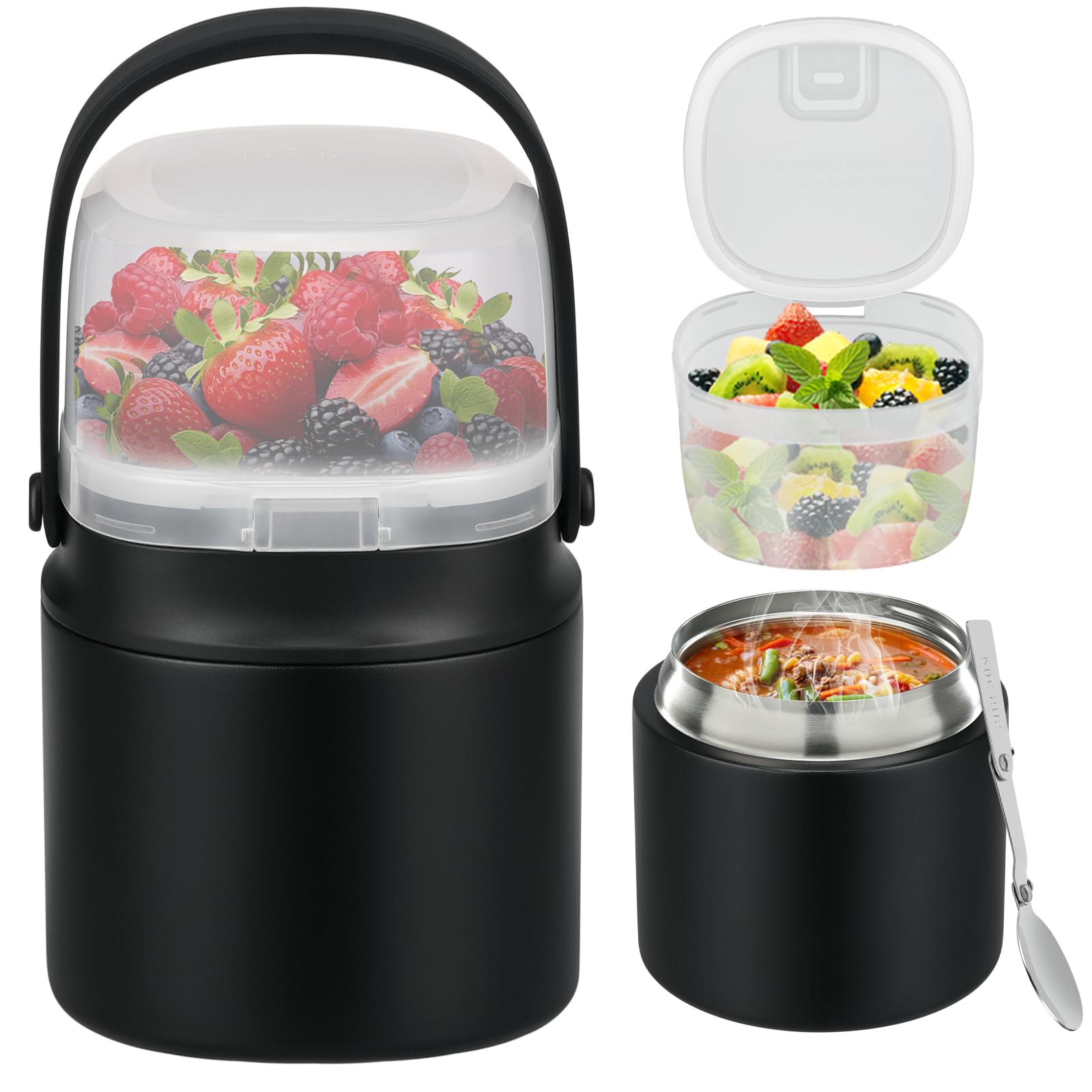 Termo de sopa 2 en 1 para comida caliente, 14 onzas con caja de aperitivos, contenedor aislado a prueba de fugas, recipiente de almuerzo aislado para niños y adultos, acero inoxidable, doble pared, al