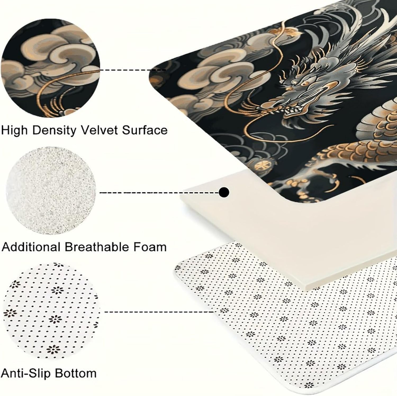 Black Oriental Dragon 3-Piece Kitchen Rug Indoor Door Mat | Non-Slip Kitchen Mat for Profile Absorbent, Moisture-Wicking and Breathable for Bathroom Laundry Room Bedroom Home Decor