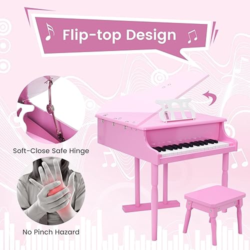 Miniatura 3 de Costzon Piano clásico para niños juguete de madera de 30 teclas piano de cola con soporte de música y banco mini juguete musical para niños ideal