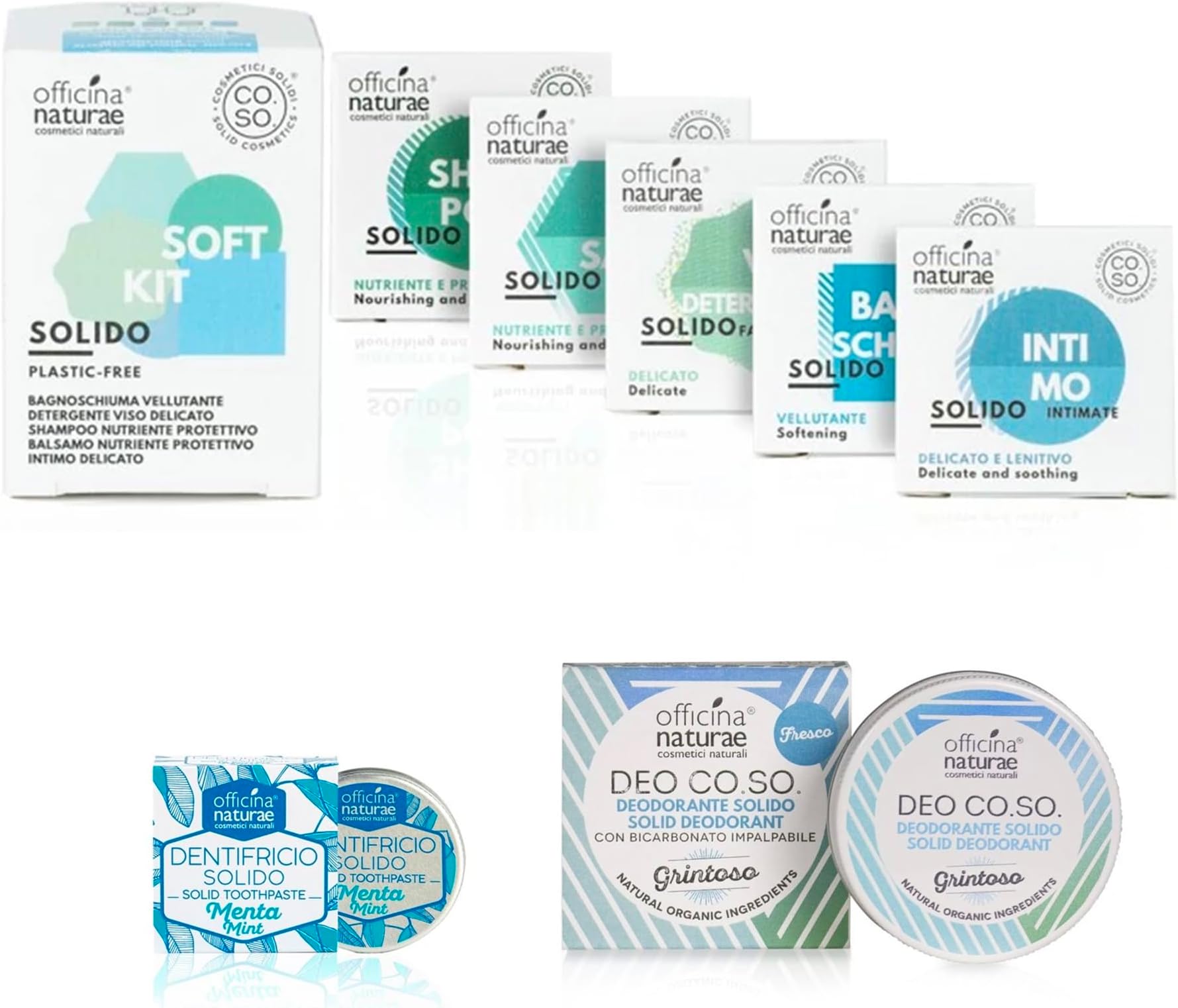 Officina NaturaeCO.SO Vegan Solid Soft Cosmetic Kit + Toothpaste Travel Toothpaste in Tablets + Solid Gritty Deodorant