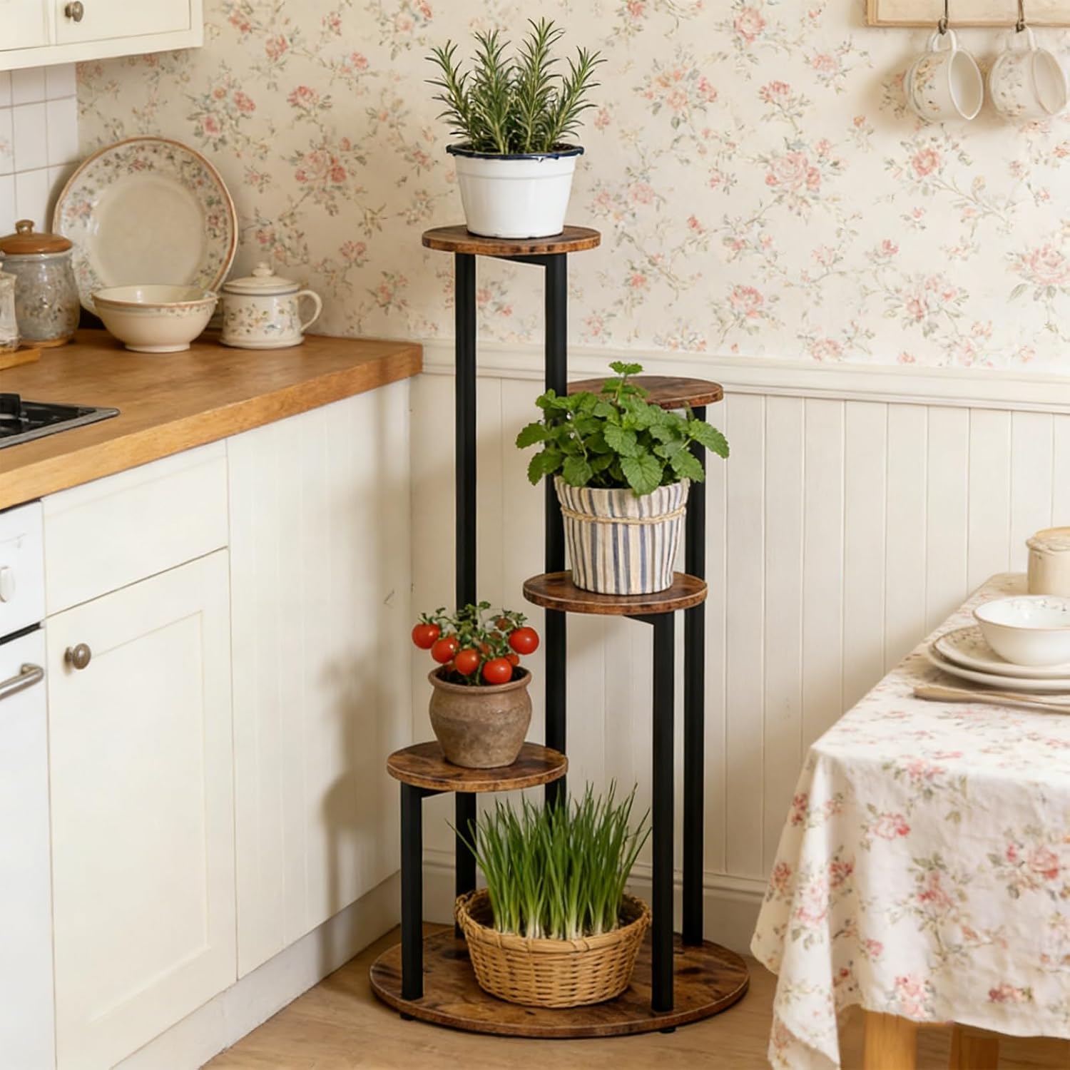 5-Tier Wood Metal Plant Stand, Rustic Brown Corner Display Shelf for Indoor Outdoor Flowers, Succulents & Home Decor