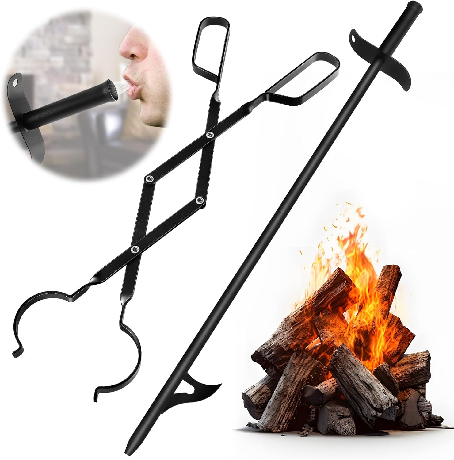 Cyrico Fire Poker and Fire Tongs Set, Heavy Duty 31 Inch Fireplace Poker with Blow Portable 23 Inch Log Grabber Firewood Tongs Fire Pit Tools Accessories for Camping Wood Stove Campfire Outdoor Indoor