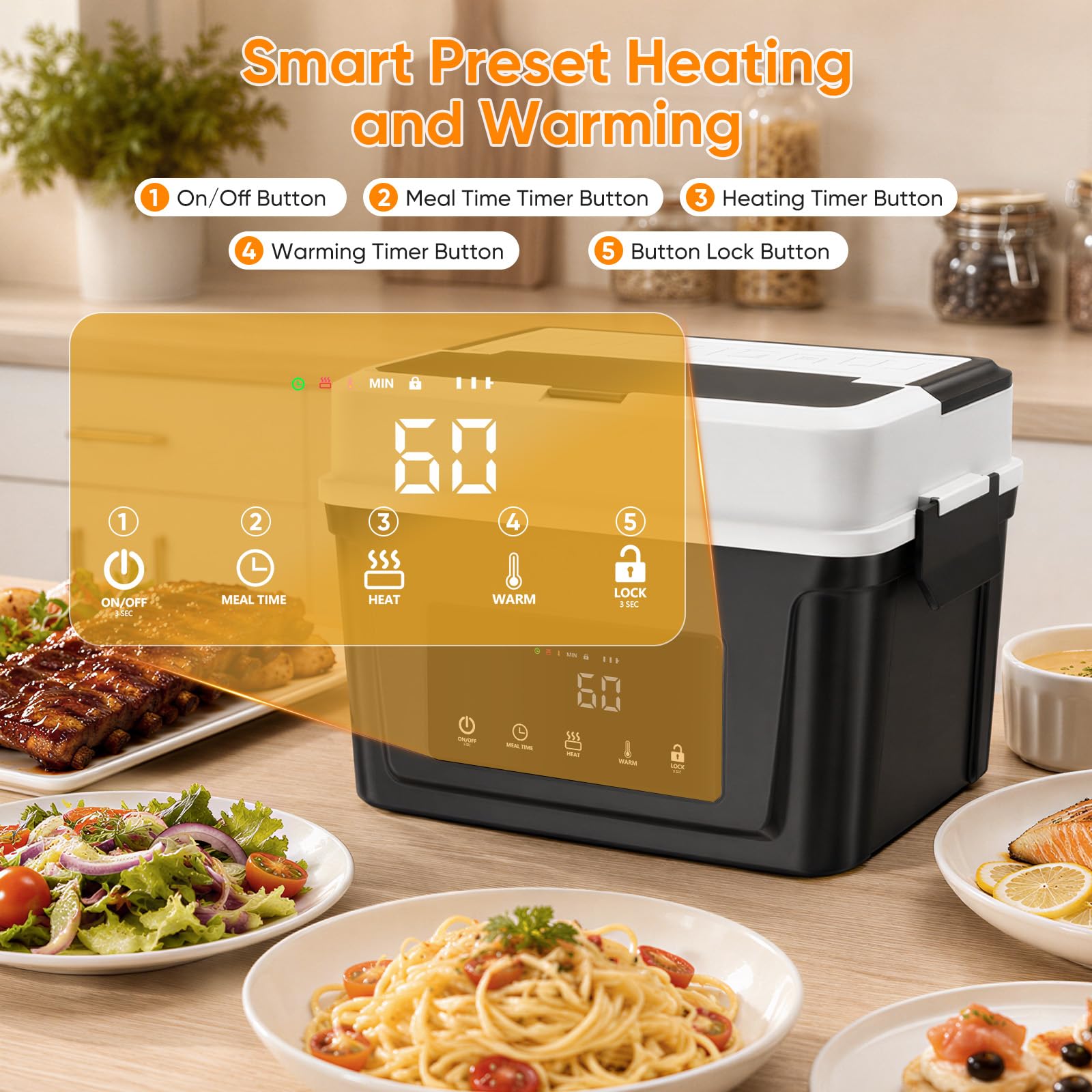 Gamelle Chauffante Batterie Lunch Box Chauffante 1,5L Inox | Lunchbox électrique sans fil 18000mAh avec minuterie programmable, bac inox amovible & sac isotherme pour bureau et camion