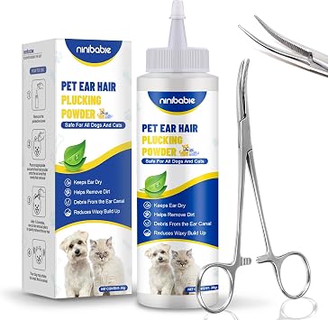 Updated Dog Ear Powder for Hair Removal,Ear Powder for Dogs Plucking with 5.5inch Hemostat Locking Forceps Curved, Removing Earwax and Odor