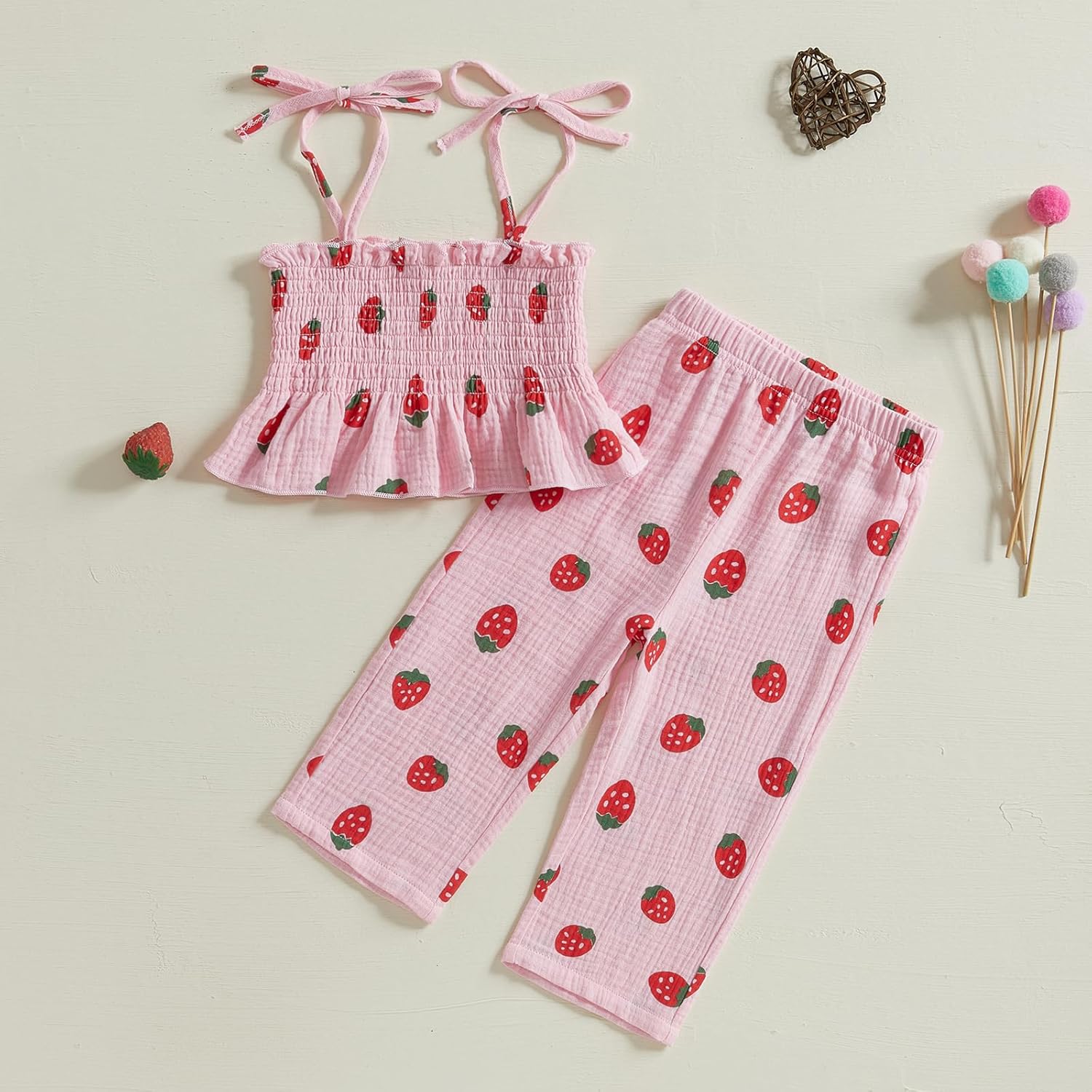 Toddler Baby Girl Strawberry Outfit Cotton Linen Sleeveless Ruffle Crop Tops Pants Set 2Pcs Cute Summer Clothes - Image 2