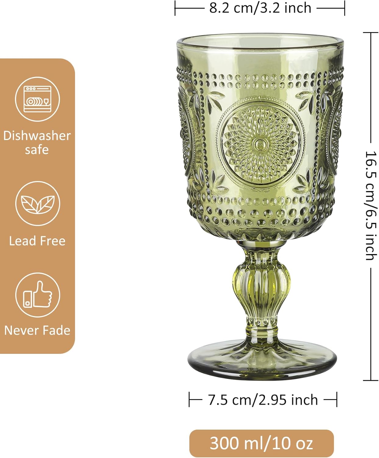 Joeyan Green Wine Glasses,Vintage Sunflower Glass Wine Goblet,Embossed Colored Boho Stemmed Drinking Glasses,Beaded Glassware for Christmas Party Wedding,10 oz,Set of 4,Dishwasher Safe - Image 7