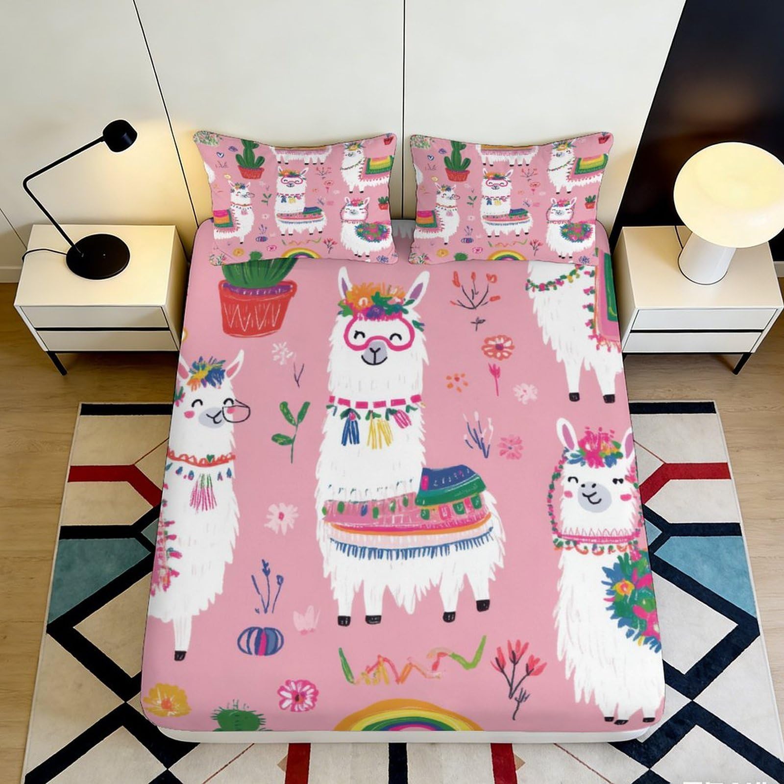 3D Printed Pink Llama Fitted Sheet Microfiber Cartoon Alpaca Mattress Cover Anti-Slip for Bedroom Guest Room Dorm 90x200x25cm