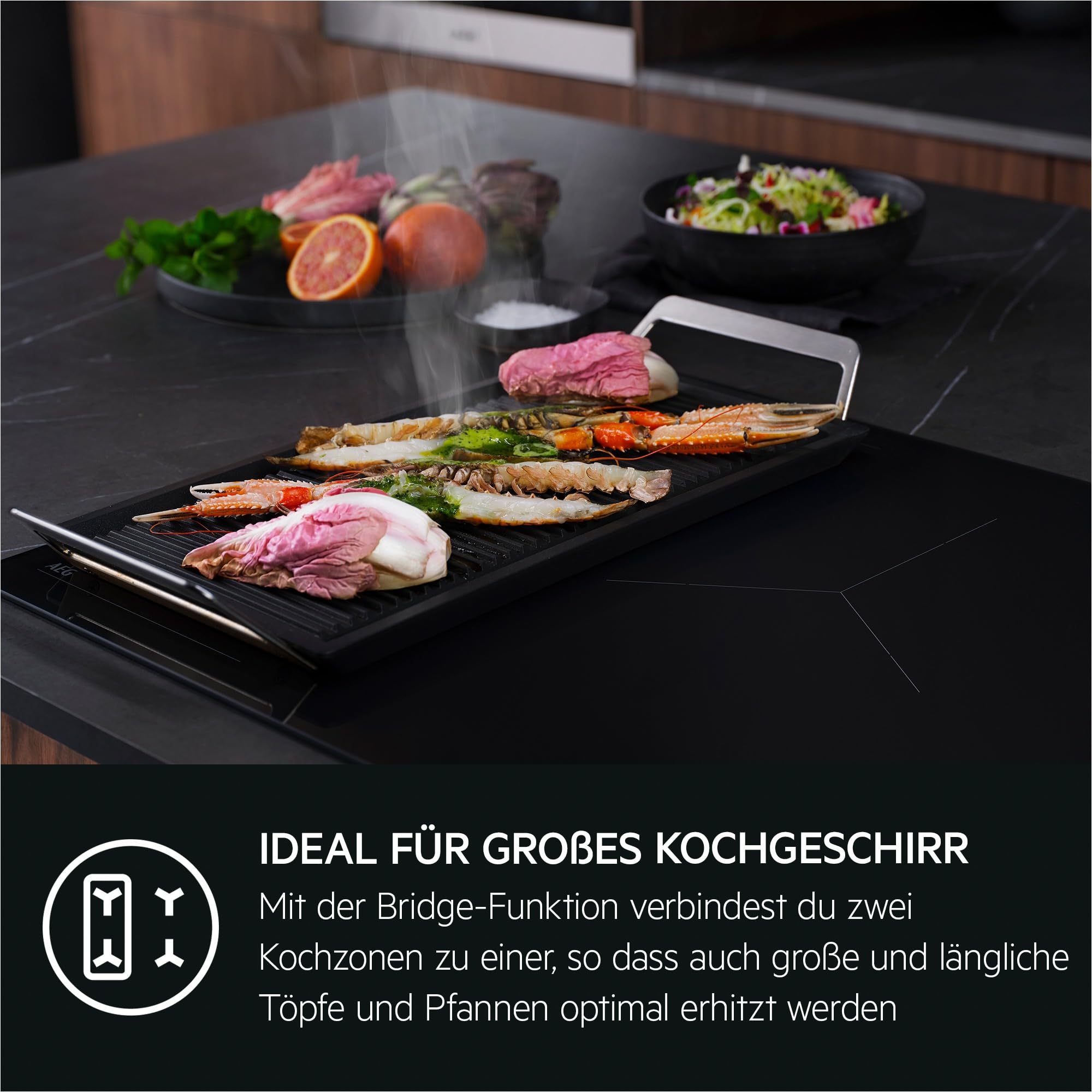 AEG Induktionskochfeld autark 90cm – Made in Germany – 5 Flex-Zonen mit 2x Bridge-Kombination 2er Zonen – Powerfunktion – SuperFlat Rahmen – DirectSlider – kompatibel mit Haubenautom – TK95IN08UB