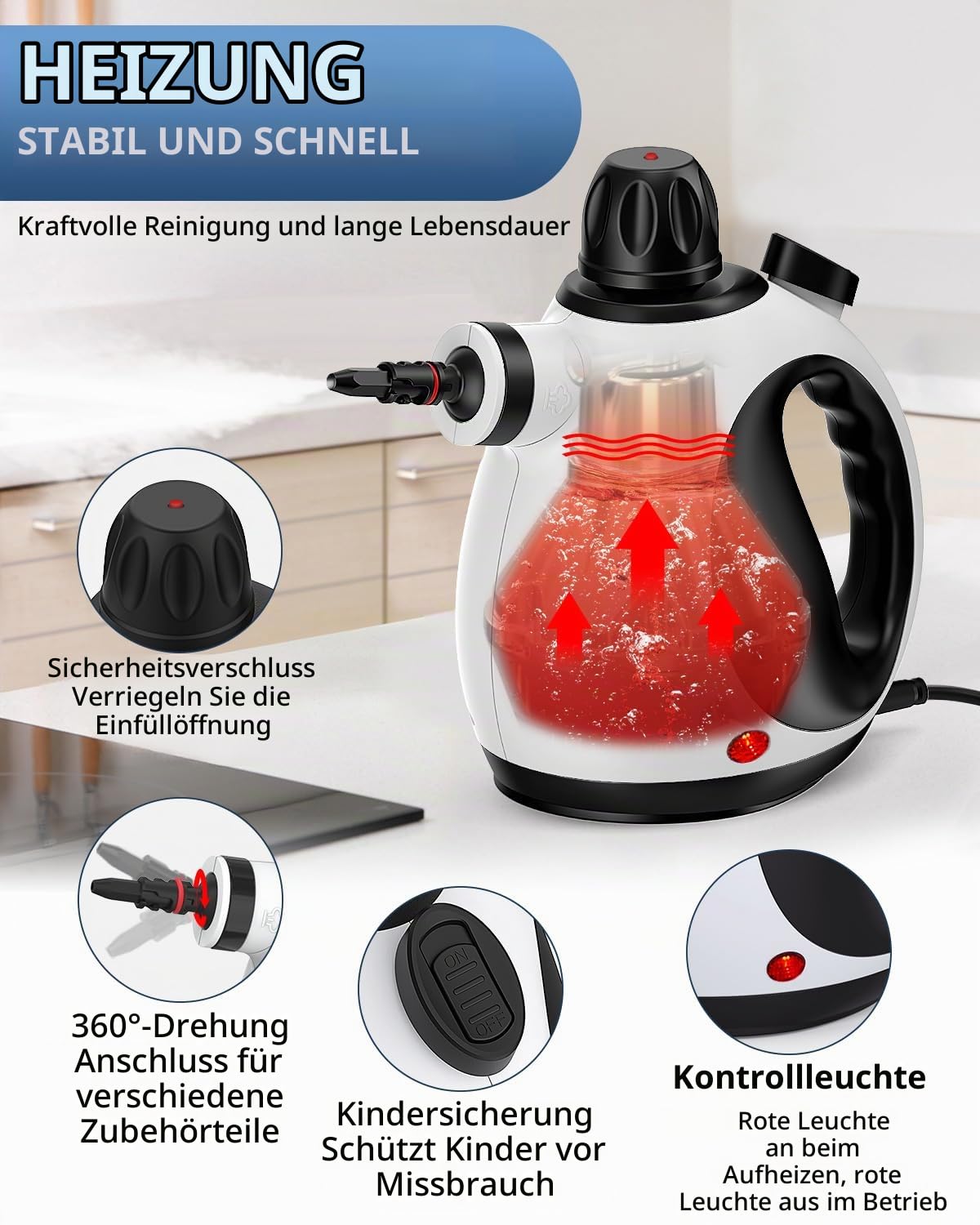 KLONA Dampfreiniger Handgerät, Steam Cleaner mit 10 Zubehör | für Teppiche, Fliesen, Sofas, Bad, Küche | Schmutz Bakterien Fett | 3 Min Schnellheizung | Dampfdruck: 3.2 bar | chemiefrei