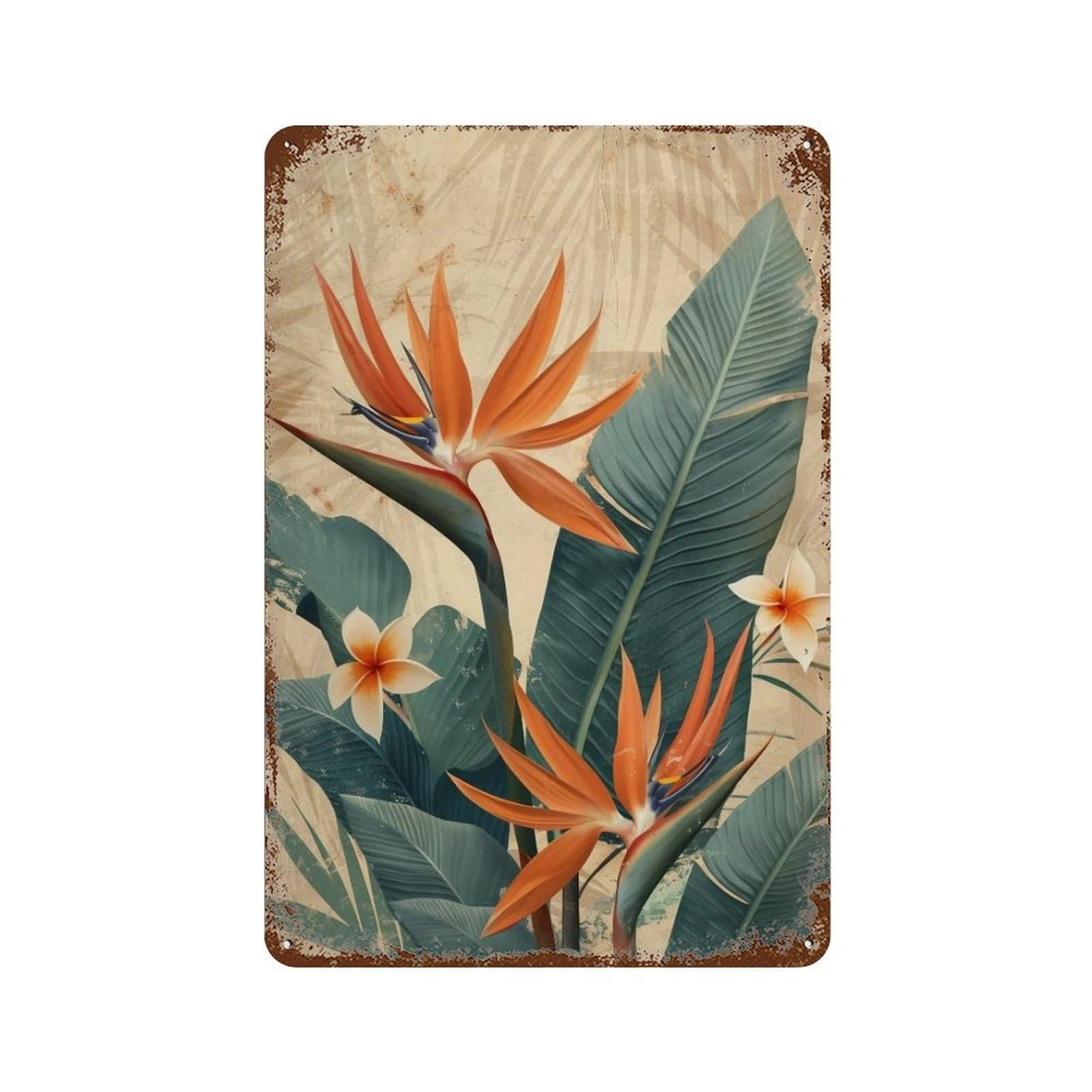 WIHYRTUI Textured Aged Ochre Tropical Bird of Paradise Foliage Vista 04 Wall Retro Iron Metal Tin Sign Vintage Art Poster Modern Home Cofffee Club Art Bar Shop Decor Style 30x20cm