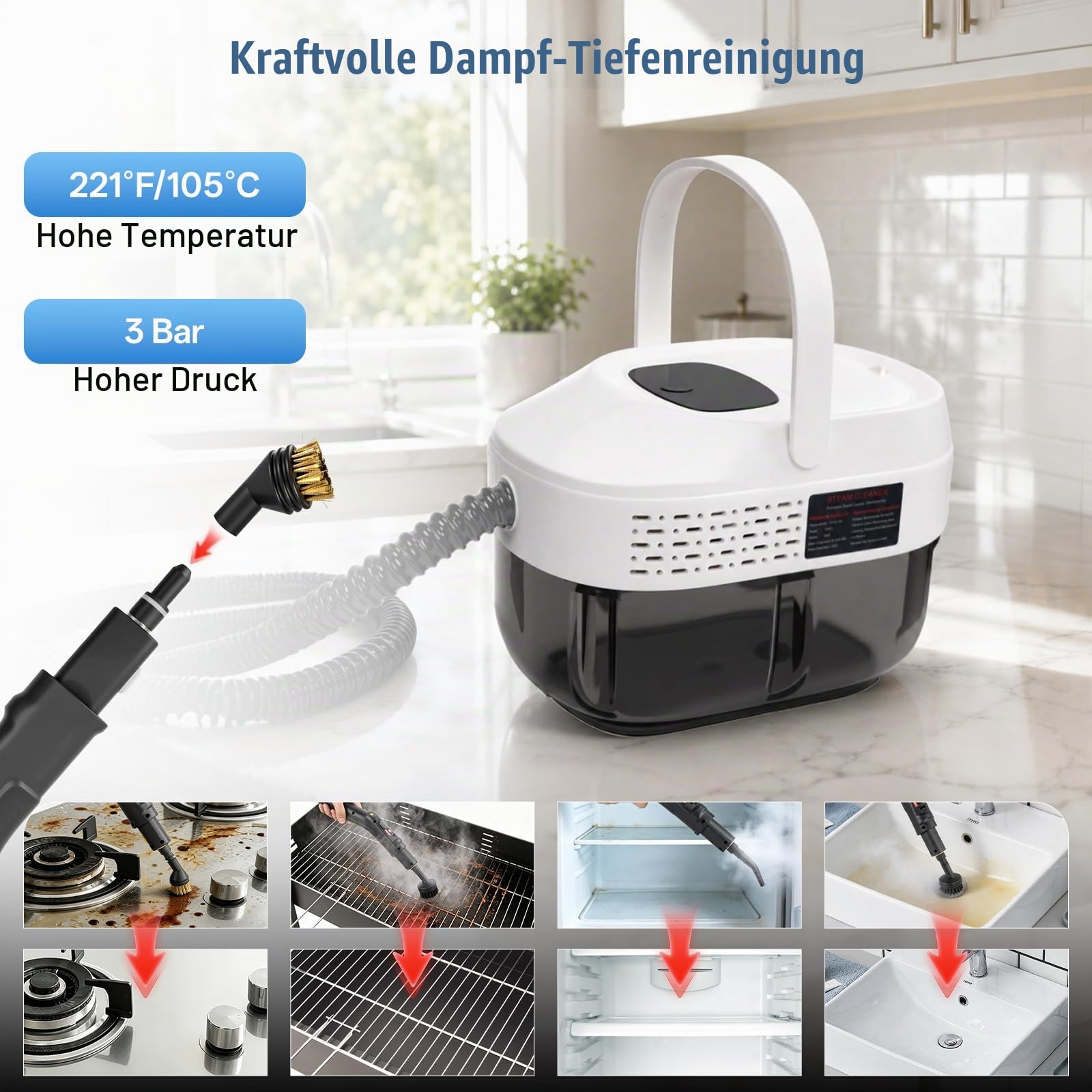 RUIZHI Dampfreiniger Handgerät mit 18 Zubehör, 1.6L Steam Cleaner, Dampfdruck 3Bar, Aufheizzeit 10s, Handdampfreiniger für Alles Boden Reinigung, Fenstern, Sofas, Fugen, Auto